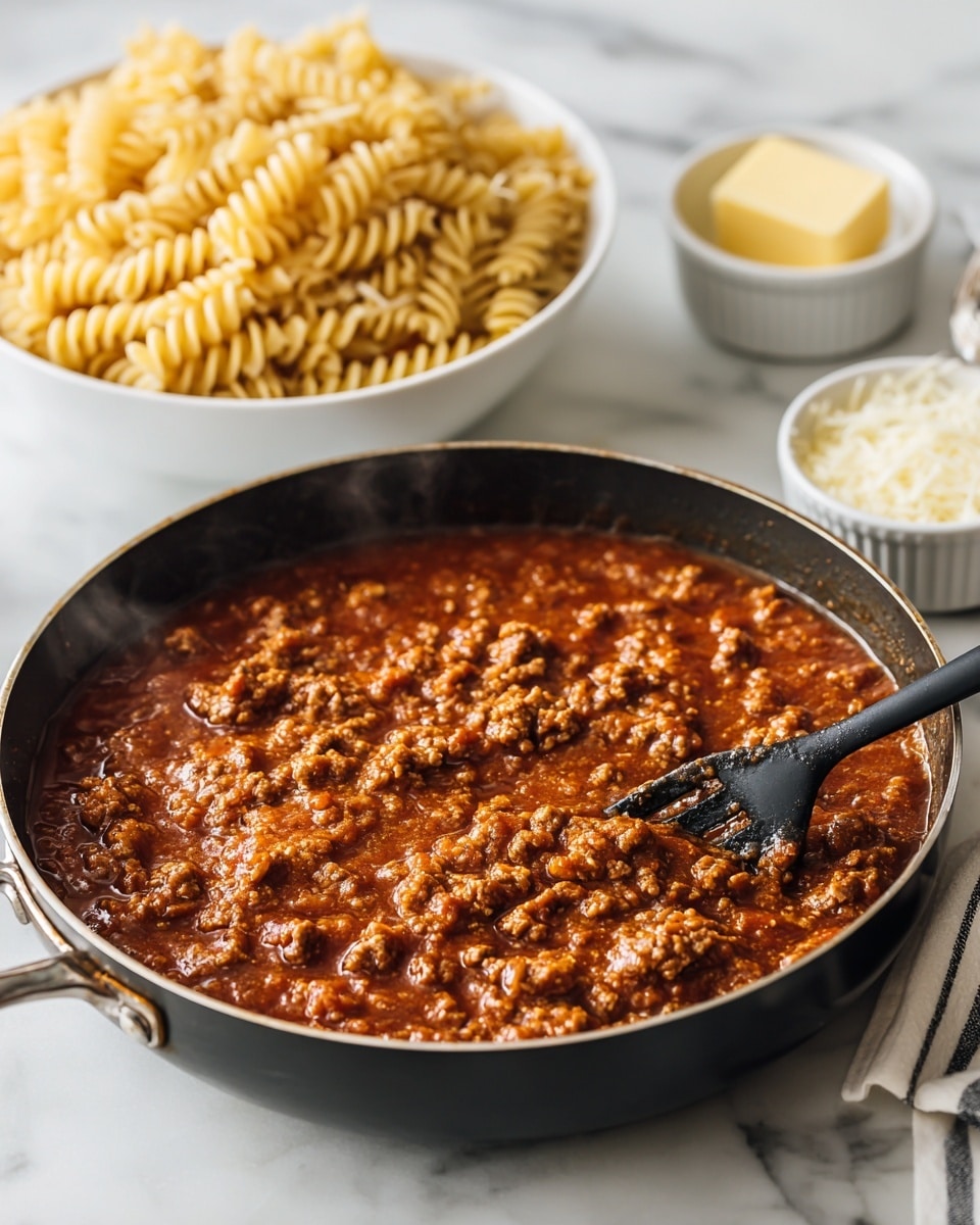 A black pan filled with steaming brownish-red sauce mixed with small chunks of meat sits on a white marbled surface. A black slotted spatula rests inside the pan on the right side, partially submerged in the sauce. Behind the pan, there is a large white bowl filled with cooked spiral pasta, and to the right of the bowl, there are two small white ramekins, one with a square of yellow butter and the other with grated cheese. The background is simple and clean. Photo taken with an iphone --ar 4:5 --v 7