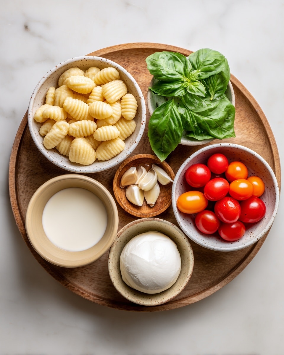 The image shows six bowls with different ingredients placed on a round wooden tray on a white marbled surface. The top-left bowl, white with small brown spots, is filled with pale yellow gnocchi pieces with ridged textures. To its right, green basil leaves rest on the wooden tray. Below the basil, a small wooden bowl holds several garlic cloves with papery skin. Down to the bottom-left, a small wooden bowl contains a smooth white liquid labeled as heavy cream. Next to it, a light tan bowl holds a single round, white burrata cheese with a smooth shiny surface. To the right of this, a white bowl is full to the brim with bright red and orange cherry tomatoes of shiny and smooth textures. Photo taken with an iphone --ar 4:5 --v 7