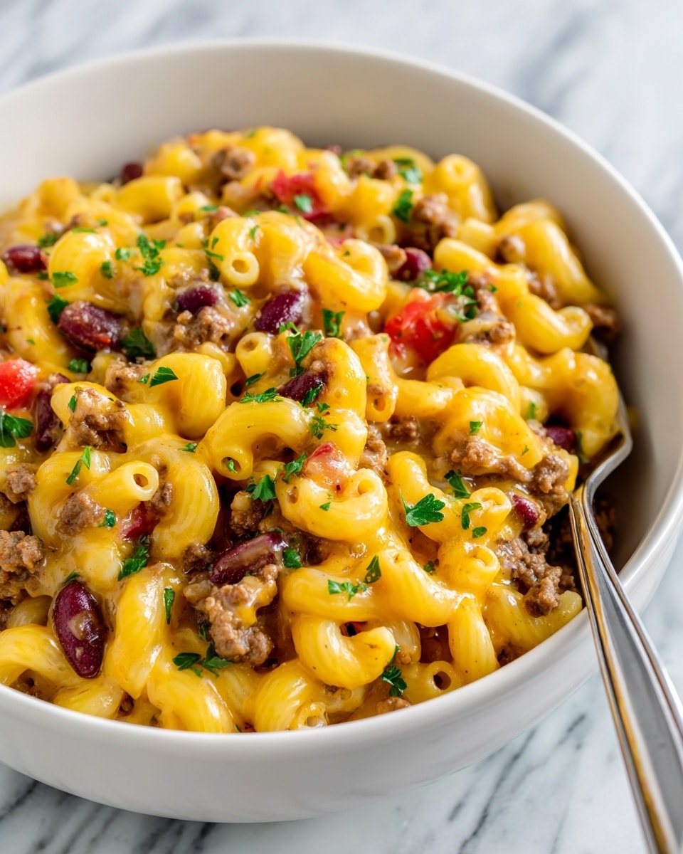 A close-up of a white bowl filled with mac and cheese mixed with ground meat and kidney beans. The elbow pasta is coated with melted bright yellow cheese that is creamy and smooth. Small pieces of cooked ground meat are scattered throughout, giving a brownish texture, while dark red kidney beans add contrast. Diced red tomatoes and green parsley pieces are sprinkled on top, adding pops of color. A silver fork rests on the right edge inside the bowl. The bowl sits on a white marbled surface. photo taken with an iphone --ar 4:5 --v 7