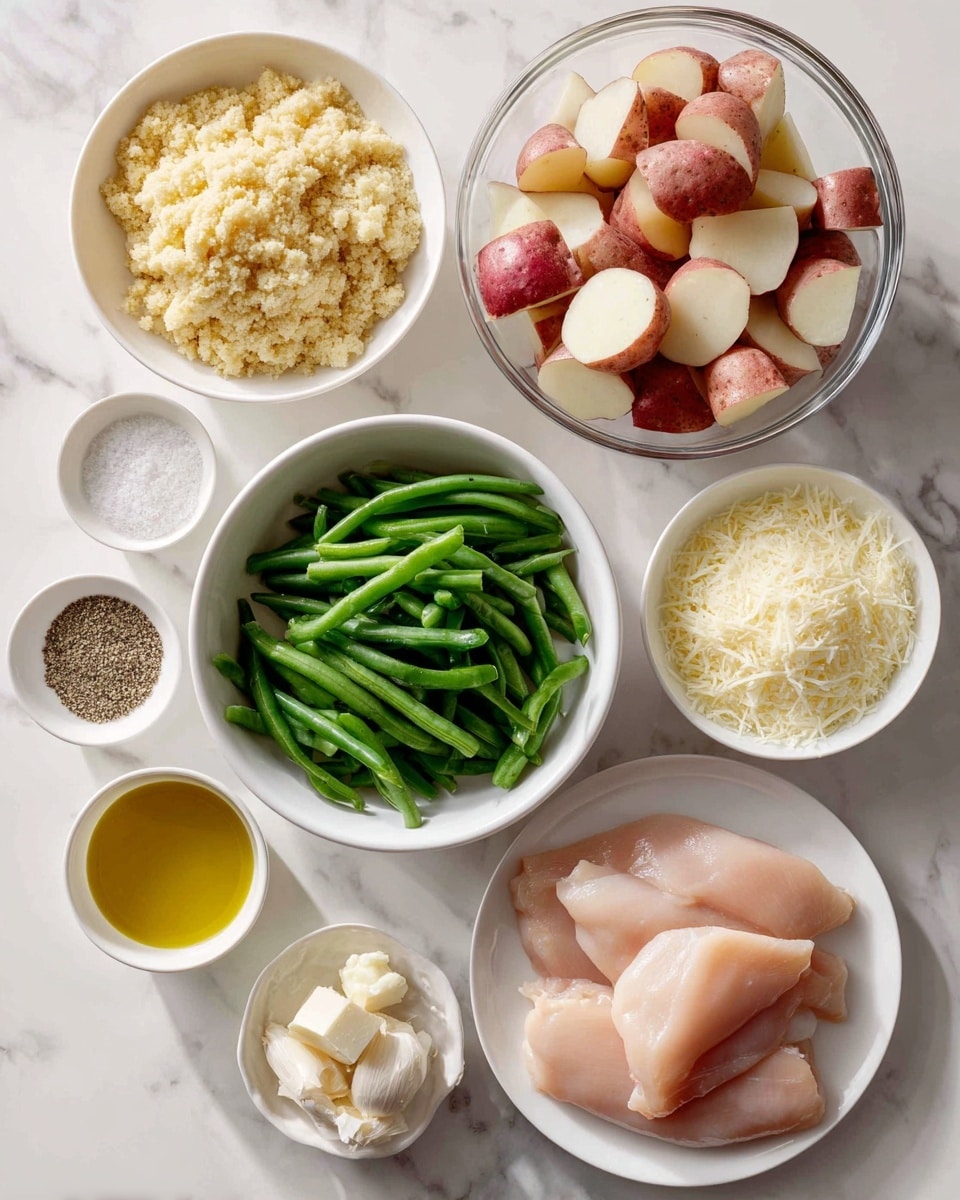 The image shows eight white bowls and plates arranged on a white marbled surface, each containing different ingredients. Starting at the top left, a round white bowl is filled with pale yellow bread crumbs. To the right, a large clear glass bowl holds chunks of red-skinned potatoes with white flesh. Below the bread crumbs, a small white bowl contains minced garlic. Further down, a large shallow white bowl is filled with bright green, fresh green beans. To the right of the green beans, a medium-sized white bowl holds finely grated parmesan cheese that is pale yellow. Next to the parmesan, a small white bowl contains a mixture of salt and pepper, shown as small granules in white and black. At the bottom left, a small white bowl is filled with golden olive oil. Finally, at the bottom right, three pieces of raw chicken breast with a light pink color are placed on a white plate. The scene is well-lit with soft daylight, showing the textures and colors of each ingredient clearly, photo taken with an iphone --ar 4:5 --v 7