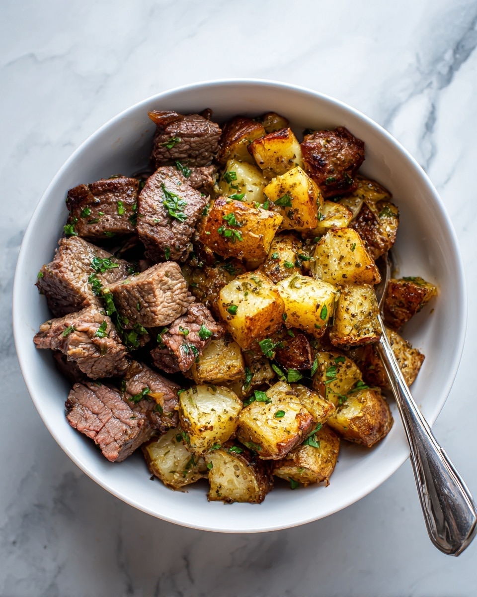 The image shows a bowl filled with two main layers: the bottom layer has brown roasted potato pieces with a slightly crispy texture, and the top layer consists of medium-cooked beef chunks with a brown outer edge and some pink inside. Both layers are sprinkled with small pieces of green chopped herbs. A silver fork rests inside the bowl, touching some potatoes and beef. The bowl is white, and it sits on a white marbled surface. Photo taken with an iphone --ar 4:5 --v 7