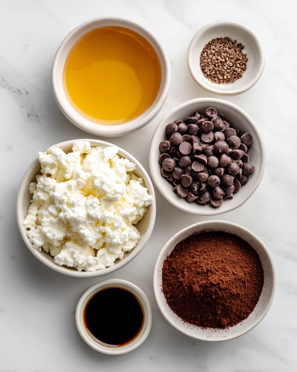 Five small white bowls sit on a white marbled surface, each holding a different ingredient. The top left bowl contains smooth, golden honey. The top right bowl is filled with small, round, dark brown chocolate chips with a matte texture. Below the honey bowl, a larger bowl holds white, lumpy cottage cheese with a soft and creamy look. To the right of the cottage cheese, a bowl contains fine, dark brown cocoa powder with a slightly cracked surface on top. Below the cocoa powder, a tiny bowl holds dark liquid vanilla extract, almost black in color. The composition is neat with clear labels above or near each bowl. photo taken with an iphone --ar 4:5 --v 7
