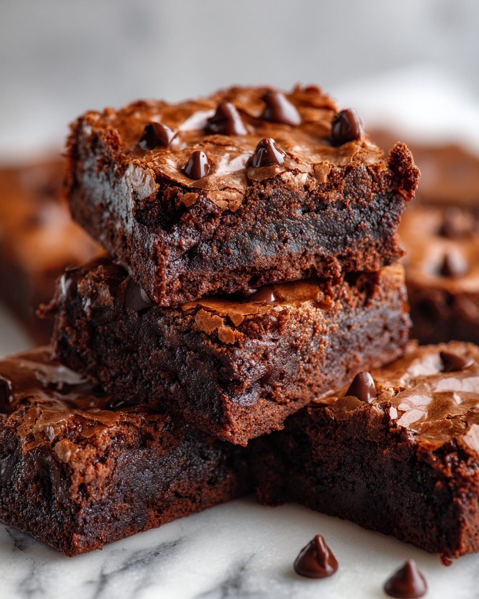 This image shows a close-up view of several chocolate brownies stacked and laid out on a white marbled surface. Each brownie has two layers: a dense, dark brown base with a slightly crumbly texture, and a shiny, rippled top layer scattered with small, round, dark chocolate chips. The brownies appear moist and rich, with some chocolate chips partially melted, giving a soft, textured look. The pieces are cut into squares, some stacked over each other at slight angles, creating depth and highlighting the layered texture. Photo taken with an iphone --ar 4:5 --v 7