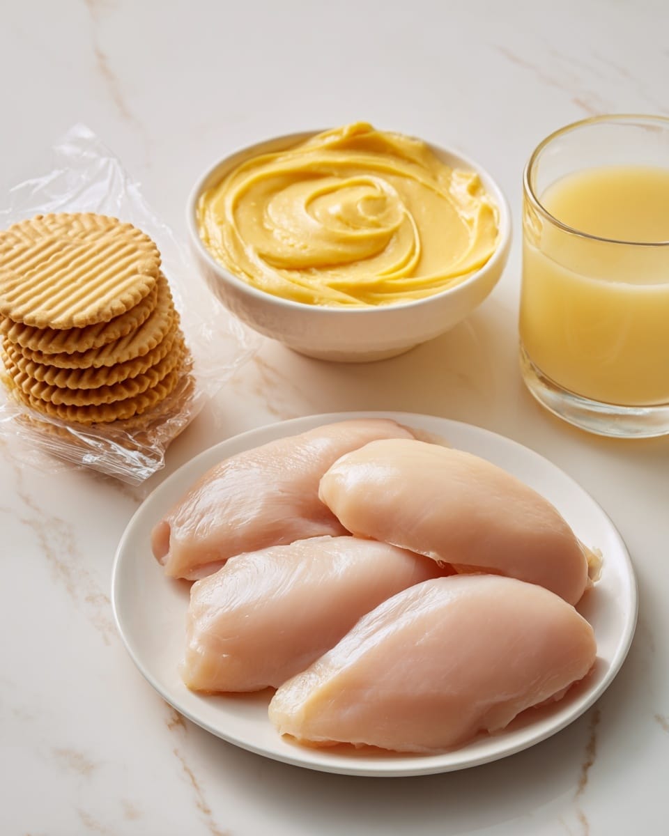 A white plate holds four pieces of raw chicken, pale pink with a smooth texture. Above the plate, there is a white bowl filled with thick, glossy, bright yellow pudding with soft swirls on the surface. To the left, a plastic wrapper contains a stack of round golden crackers with ridged edges, some on the wrapper and two placed beside it. On the right, a clear glass mug is filled with light yellow juice. All items rest on a white marbled surface. photo taken with an iphone --ar 4:5 --v 7