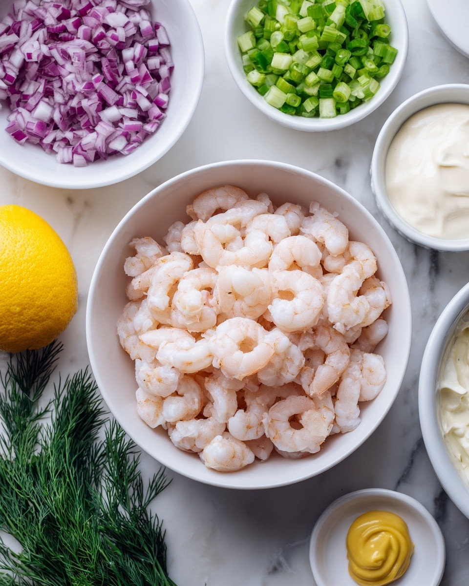 A white bowl in the center is filled with small, light pink shrimp showing a smooth texture. Around the bowl, there are small white bowls containing finely chopped purple onions and light green celery pieces, both looking fresh and crisp. To the right, another white bowl holds a creamy white sauce with a soft texture, and a tiny white dish nearby has a small dollop of yellow mustard and mayonnaise. Fresh green dill and parsley sprigs are placed near the bowls, adding vibrant green color, while a whole bright yellow lemon is positioned towards the left. All items rest on a white marbled surface. photo taken with an iphone --ar 4:5 --v 7