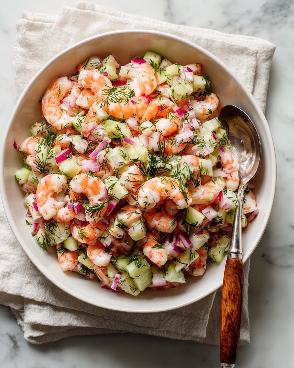 A white plate holds four lettuce wraps placed in a circle. Each wrap has a bright green leaf of lettuce as the base, soft and slightly rubbed at the edges. On top, there are many small, pink cooked shrimp scattered with finely chopped red onion, pale cucumber pieces, and sprinkled green herbs. A few sprigs of fresh dill show on the plate’s edge, adding a touch of green. The background is a soft white marbled texture, giving a clean and fresh look. photo taken with an iphone --ar 4:5 --v 7