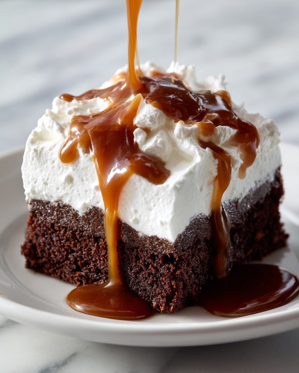A single thick square of dark brown brownie sits on a white marbled surface, topped with a large swirl of white whipped cream. A spoon held by a woman's hand drizzles glossy golden caramel sauce over the whipped cream and brownie, with the caramel running down the sides in thin, shiny streams. In the blurred background, there is a white plate filled with more square brownie pieces. photo taken with an iphone --ar 4:5 --v 7