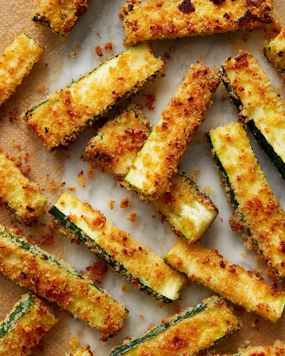 The image shows many zucchini sticks spread out on a light brown textured baking mat. Each zucchini stick is covered with a golden, crispy coating that looks crunchy and has some darker browned spots, showing they are baked. The zucchini pieces are cut into thick stick shapes, with green skin visible on the edges and a light yellow inside. There are small bits of the coating scattered around the sticks on the baking mat. The background is a white marbled surface. photo taken with an iphone --ar 4:5 --v 7