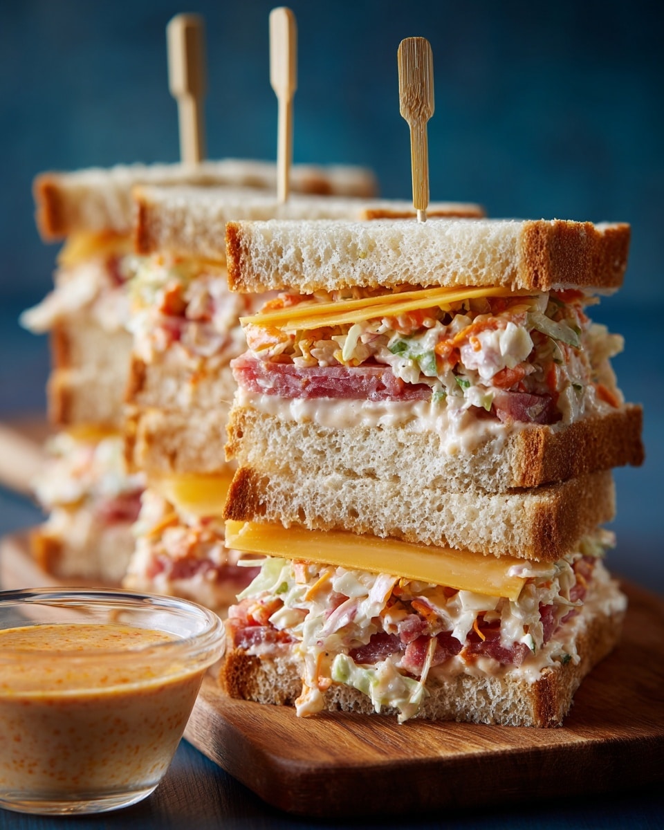 The image shows a close-up of several square sandwiches stacked with three layers of light brown bread. Each sandwich has two inner layers: the bottom layer is a white coleslaw with visible small orange and green bits, and the middle layer is a folded pinkish-red meat topped with a thick slice of pale yellow cheese. The sandwiches are held together with small wooden skewers that stick out from the top. They sit on a wooden board with a glass bowl of light orange sauce or dressing to the left side. The background is a smooth dark blue color. photo taken with an iphone --ar 4:5 --v 7