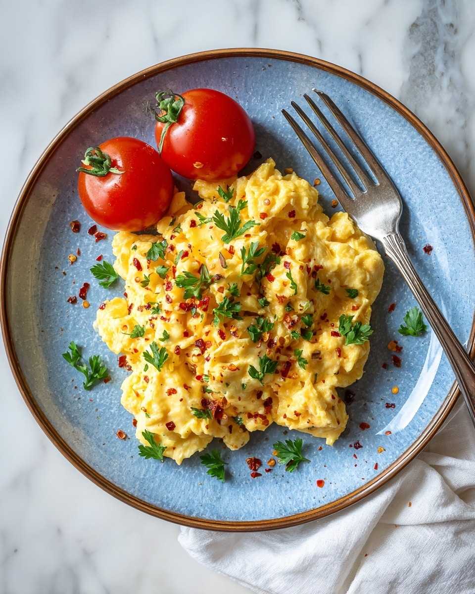 A white plate holds a serving of soft, light yellow scrambled eggs with a fluffy texture, sprinkled with small green herb pieces and tiny red flakes on top. To the right side of the eggs, two bright red cherry tomatoes are still on their green vine, adding a fresh color contrast. A shiny silver fork lies at the bottom edge of the plate, resting partly on the eggs. The background is a white marbled texture, and a light fabric cloth is visible near the top edge of the plate. Photo taken with an iphone --ar 4:5 --v 7