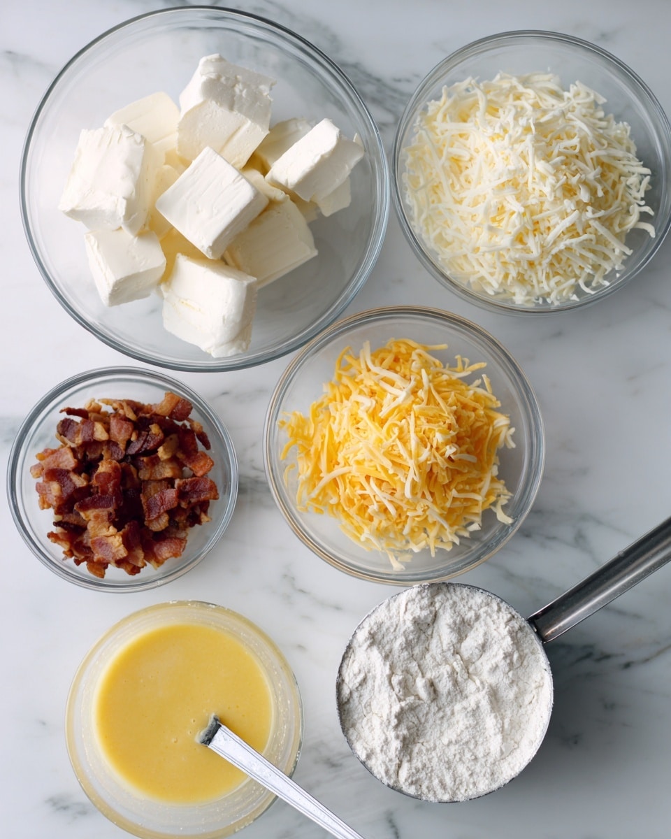 The image shows five clear glass bowls placed on a white marbled surface. The largest bowl, located at the top left, contains five white blocks of soft cheese. To its right, a smaller bowl is filled with shredded cheese in yellow and white colors. Below this, another small bowl holds crispy brown bacon pieces. The bottom left bowl contains a yellow beaten egg mixture with a metal spoon inserted into it. Lastly, a metal measuring cup filled with white flour is placed at the bottom right corner. Photo taken with an iphone --ar 4:5 --v 7