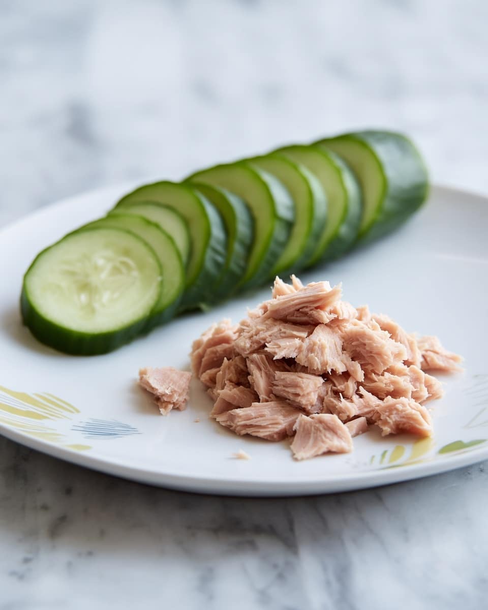 The image shows a white plate with simple green, blue, and yellow designs near the edge, filled with a single layer of pinkish-brown shredded tuna scattered unevenly across the plate. Behind the plate, there is a sliced cucumber arranged in a line, each slice showing its green skin and light green inner flesh with seeds. The whole scene rests on a white marbled surface, creating a clean and fresh look. Photo taken with an iphone --ar 4:5 --v 7