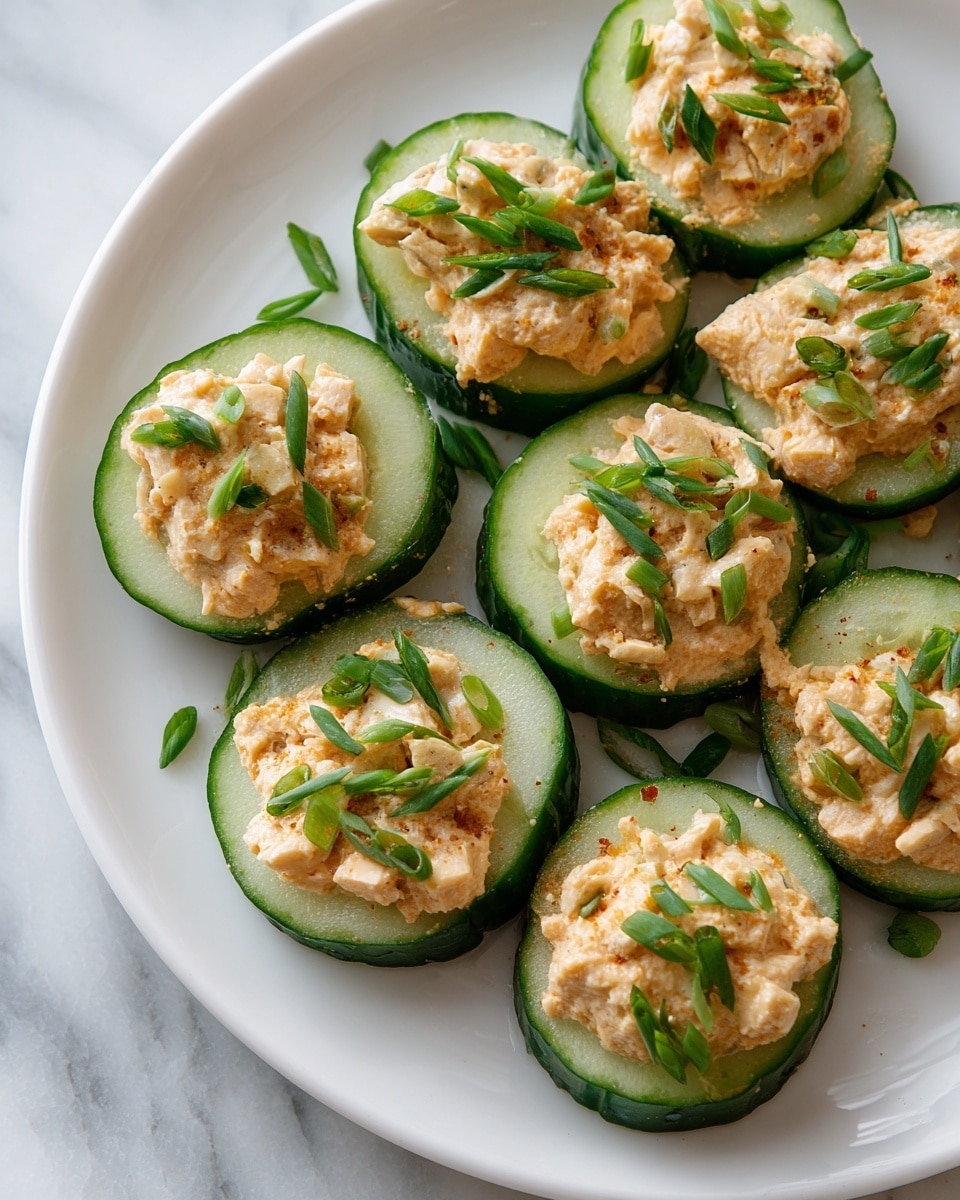 The image shows eleven round cucumber slices arranged on a wooden board, each topped with a creamy light orange spread mixed with small bits of other ingredients. The cucumber slices have dark green edges and pale green centers. On top of the spread, small pieces of bright green chopped herbs or scallions are sprinkled on each slice. The wooden board has a rich brown color with visible grain patterns, and there is a light and dark textured cloth partially visible in the top right corner of the image. photo taken with an iphone --ar 4:5 --v 7