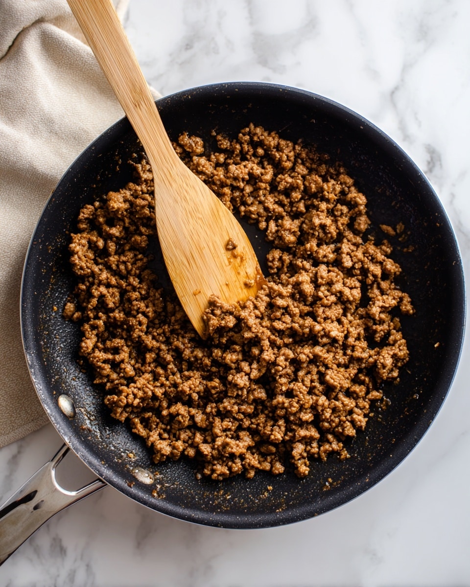 The image shows a close-up of a non-stick frying pan filled with cooked ground meat that is brown and crumbly. The texture of the meat is slightly oily, with some small pools of liquid visible. A wooden spatula sits in the pan, partially lifting some of the meat. The pan rests on a white marbled surface, and part of a beige cloth is seen in the background. Photo taken with an iphone --ar 4:5 --v 7