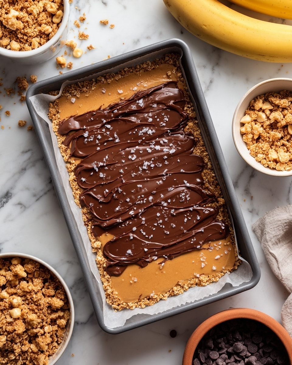 A rectangular treat sits on parchment paper inside a gray baking tray, with three visible layers: the bottom layer looks like a mix of small crunchy granola pieces in light brown, the middle layer is a smooth, creamy peanut butter color, and the top layer is a thick, uneven spread of melted dark chocolate with a shiny texture and some sprinkled salt flakes on top. The tray is placed on a white marbled surface, with a white bowl of crunchy granola and a white container of dark chocolate chips nearby, along with a terracotta bowl holding a yellow banana. photo taken with an iphone --ar 4:5 --v 7