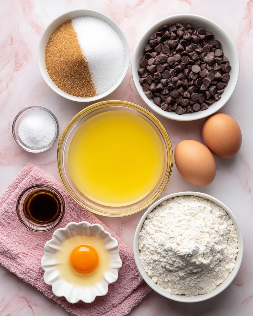 A white marbled surface holds several clear and white bowls with baking ingredients neatly arranged. In the center, a clear glass bowl contains melted butter with a smooth yellow liquid texture. To the upper left, a white bowl holds two types of sugar, brown and white, granulated and soft. Directly above the melted butter bowl, a white bowl has many small dark brown chocolate chips with a shiny texture. Around these main bowls, there are small clear containers with white powders of cornstarch, salt, and baking soda. To the left lower side, a small glass container with dark brown vanilla extract sits on a pink textured cloth. Below that, a small white scalloped bowl contains a bright orange egg yolk, while a whole brown egg is beside it. The bottom right side features a large clear glass bowl filled with white flour with some clumps. All items are on a clean white marbled surface, making the colors and textures clear and bright photo taken with an iphone --ar 4:5 --v 7
