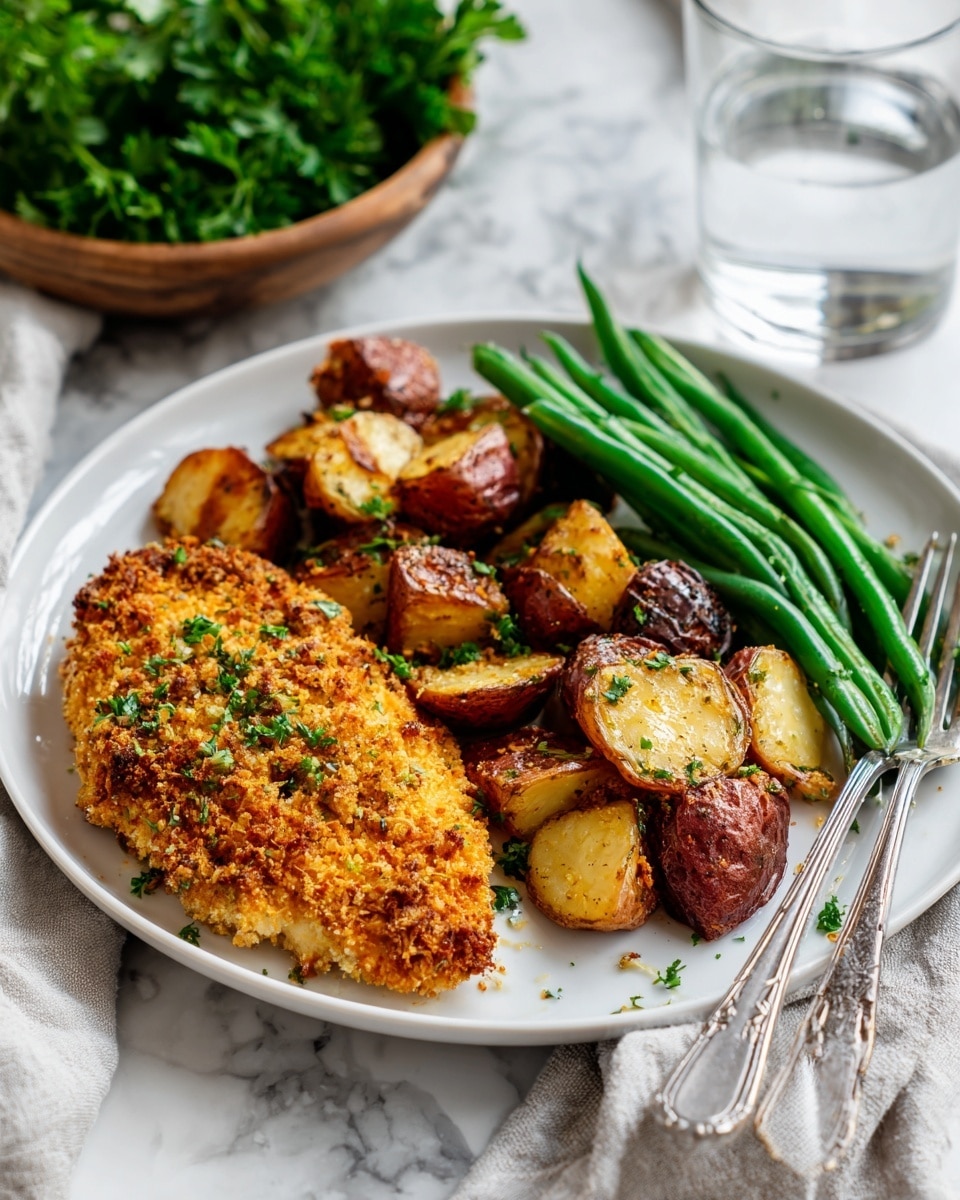 A white plate on a white marbled surface holds three main parts: on the left, a golden brown crispy baked chicken cutlet with a crumbly surface and bits of green herbs sprinkled on top; in the center and right, a pile of roasted potato chunks with browned edges and a mix of cream and reddish skin colors, also sprinkled with green herbs; and at the bottom, a bunch of fresh, bright green cooked green beans with a slightly shiny texture. A silver knife and fork rest on the right side of the plate. In the background, there is a glass of water and a bowl with fresh green parsley. photo taken with an iphone --ar 4:5 --v 7