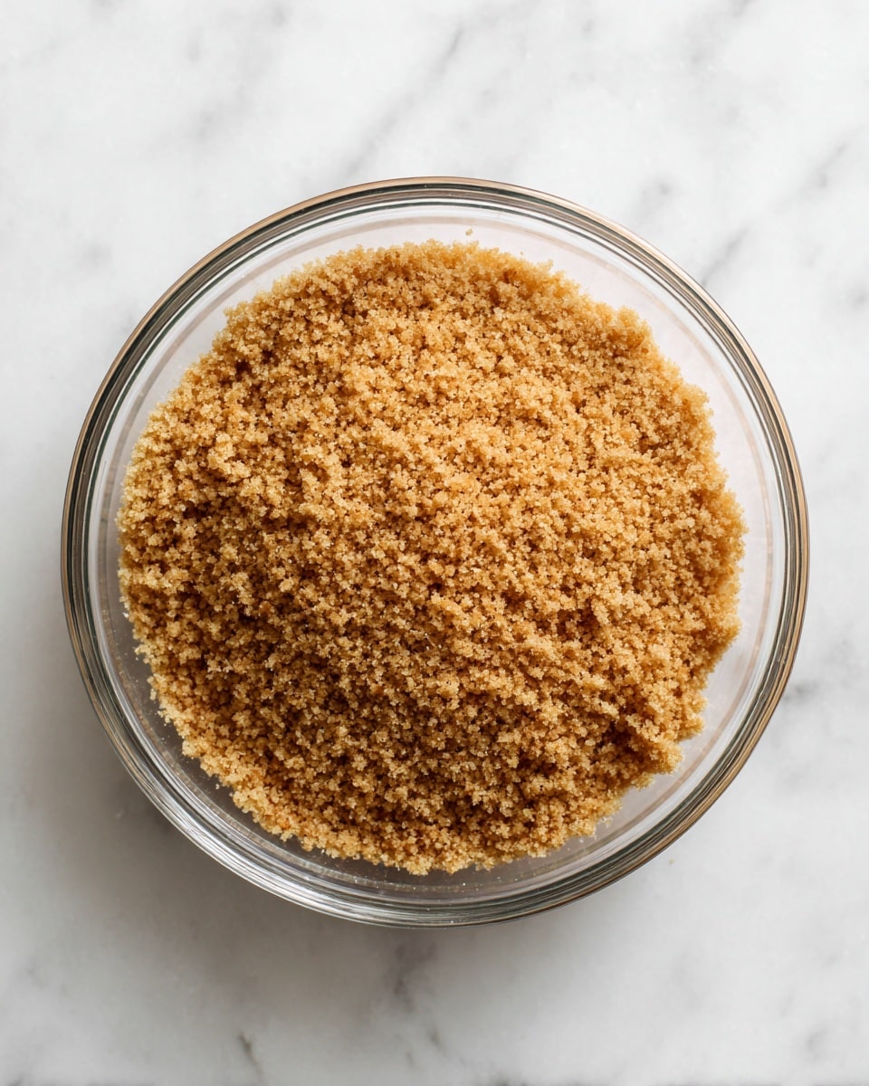A clear glass bowl filled with a single layer of light brown, finely crushed crumb mixture, evenly spread across the bottom, showing a grainy texture. The bowl sits on a white marbled surface, and the image is taken from above, clearly showing the round shape and smooth edges of the bowl photo taken with an iphone --ar 4:5 --v 7