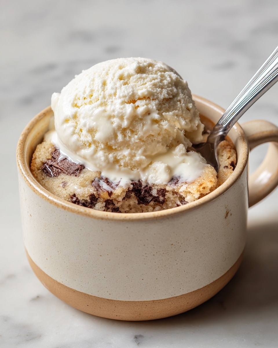 A small beige cup with a handle holds a warm, light brown cookie with dark chocolate chips visible on the surface. On top of the cookie is one round scoop of white ice cream with a smooth and creamy texture. A silver spoon rests inside the cup beside the ice cream and cookie. Next to the cup is a white rectangular container filled with fluffy white ice cream, with a black and silver ice cream scoop partially buried in it. The scene is set on a light-colored wooden surface with a white marbled texture. photo taken with an iphone --ar 4:5 --v 7