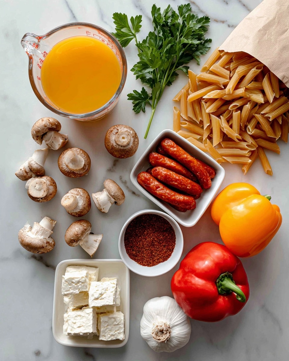 The image shows various ingredients neatly placed on a white marbled surface, each labeled. On the top left is a clear measuring cup filled with bright yellow chicken broth. Slightly below that are five light brown mushrooms scattered and fresh green parsley leaves next to the broth. To the right, there is a loose pile of light brown gluten-free penne pasta with some pieces spilling out of a brown paper bag. Below the pasta is a small white bowl filled with dark red Cajun seasoning. Further down, a cluster of four reddish-brown andouille sausages lies on the marble. Next to the sausages, on the bottom right, are a red bell pepper and two orange bell peppers. At the very bottom are two whole garlic bulbs with white papery skin. Near the bottom left, a square white tray holds several chunks of cream cheese. Above the cream cheese is a small white bowl filled with fire-roasted tomatoes in a deep red sauce. The image is bright and clean, showing natural colors and textures. Photo taken with an iphone --ar 4:5 --v 7