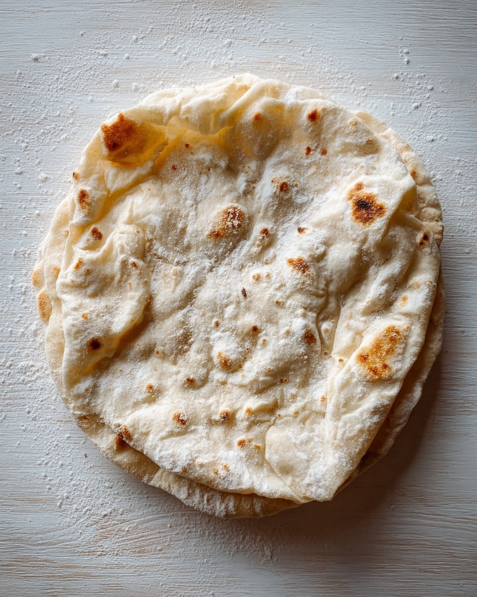 A single, round piece of flatbread with an uneven, slightly rough texture sits on a light wooden surface. The flatbread is covered with a light dusting of flour on top, giving it a pale beige color with small specks of darker brown. The edges are irregular, some parts thicker and folded a bit. The surface shows a mix of soft and crisp areas, with small bubbles and slight browning visible across the dough. photo taken with an iphone --ar 4:5 --v 7