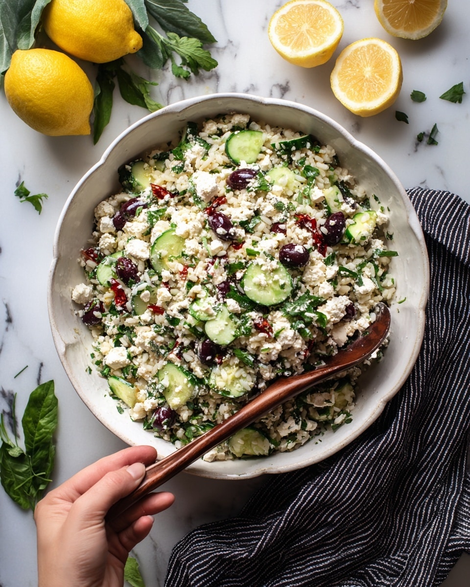 A white scalloped shallow bowl filled with a mixed salad showing layers of creamy white crumbles, dark purple olives, and bright green cucumber slices scattered evenly throughout. There are small pieces of red roasted peppers and finely chopped green herbs spread across the salad, with bits of light brown rice or small pasta forming the base layer. A woman's hand is holding a wooden spoon with a dark handle in the bowl, stirring the salad. The bowl is set on a white marbled surface with lemon halves and green leafy herbs nearby, and a dark striped cloth partially visible on one side. Photo taken with an iphone --ar 4:5 --v 7