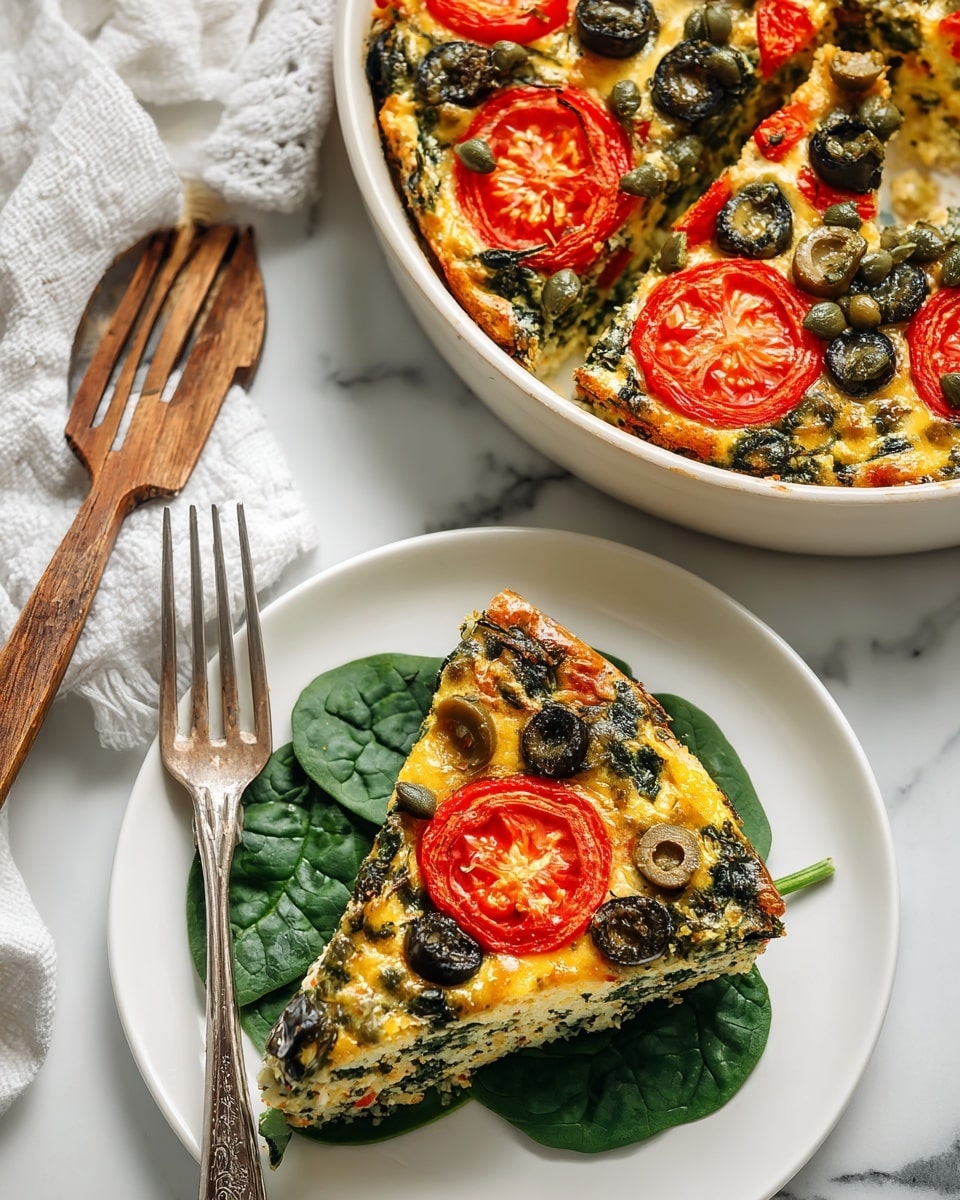 A white plate holds a slice of layered dish resting on fresh dark green spinach leaves. The slice has a golden yellow base with visible pieces of dark and light brown olives mixed in. On top of the slice are thin, bright red tomato slices and small green capers scattered over both the slice and spinach. The plate sits on a blue and white checkered cloth, placed on a rustic wooden table. In the background, there is a round baking pan with more of the same dish topped with tomato slices. Nearby, a fork is visible by the plate photo taken with an iphone --ar 4:5 --v 7