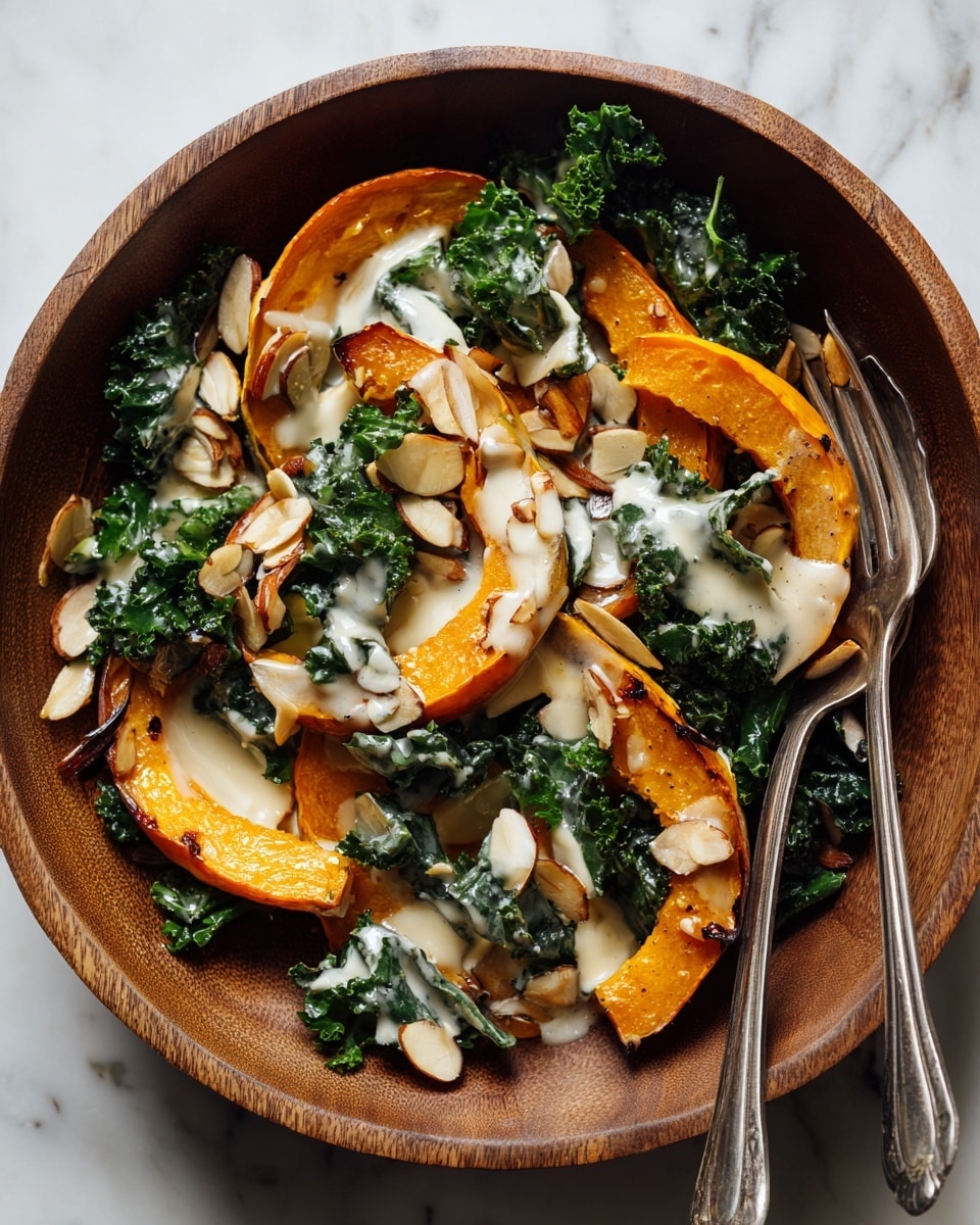 The image shows three white plates each with a serving of roasted orange squash pieces at the bottom, covered by a dark green kale salad mixed with light brown nuts scattered on top. A thin drizzle of creamy white sauce is spread unevenly over the kale and squash layers, adding a smooth texture contrast. The plates are arranged on a white marbled surface with a silver fork resting on the left side of the top plate, which also includes a small piece of squash that looks taken from the main slice. In the upper right corner there is part of a dark wooden bowl with more kale and squash salad visible. photo taken with an iphone --ar 4:5 --v 7