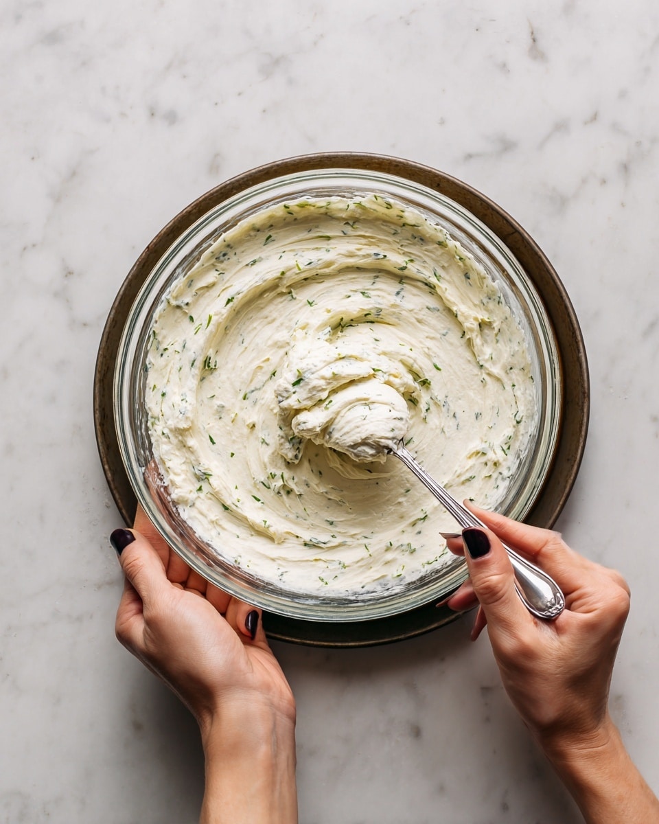 A clear glass bowl is held by a woman's hand with dark polished nails on the left and another woman's hand holding a silver spoon scooping out a creamy mixture inside the bowl. The mixture is light cream-colored with green herb specks, showing a thick, slightly rough texture. The bowl is placed over a white, smooth square pastry sheet that covers a baking tray with a dark rim. The background surface is a white marbled texture. Photo taken with an iphone --ar 4:5 --v 7