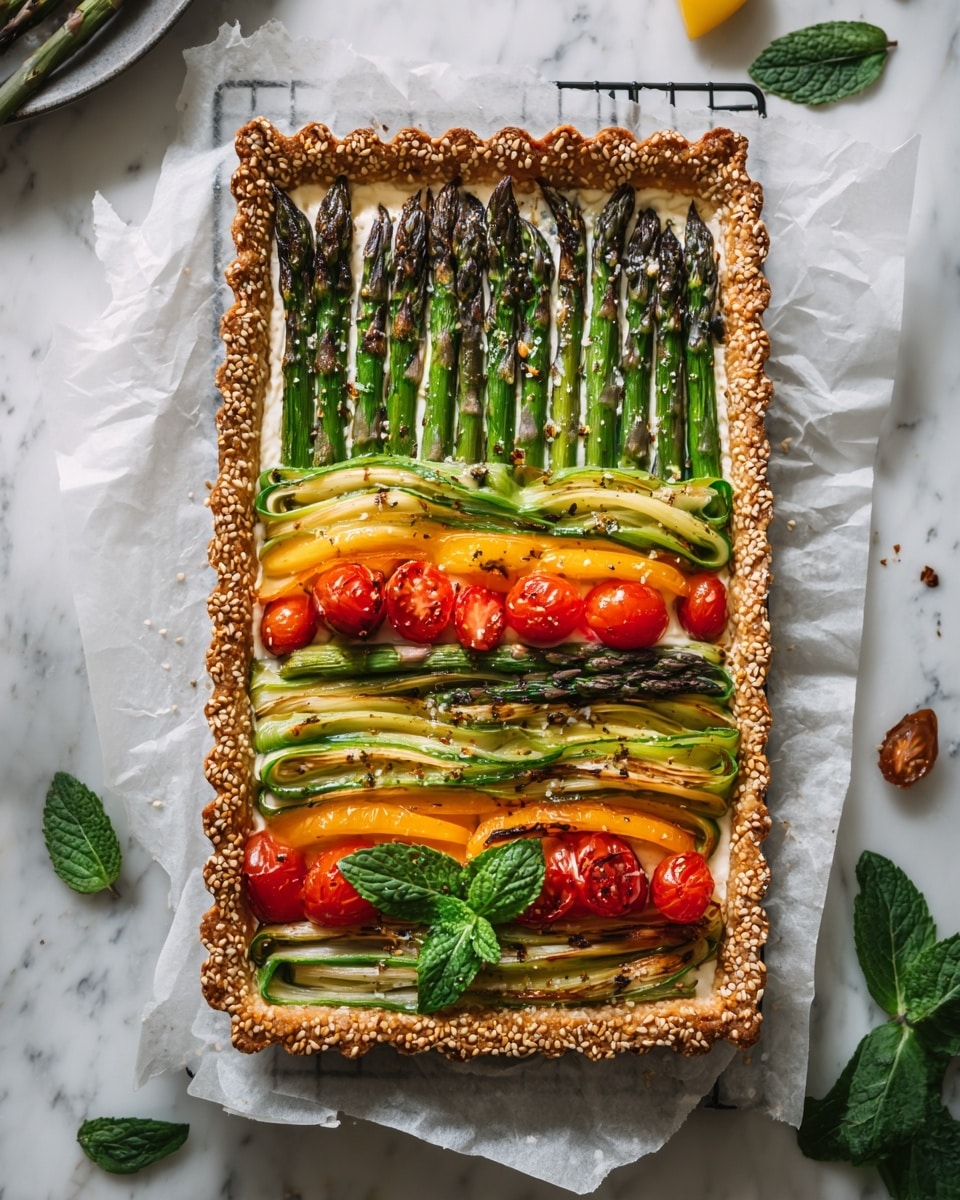 The dish is a rectangular vegetable tart on a baking sheet lined with parchment paper, with a white marbled texture surface underneath. The base layer is smooth, cream-colored pastry dough, folded slightly at the edges to form a thick border. Inside this border is a layer of creamy white cheese spread evenly. On top, there are vertical green asparagus stalks arranged evenly from the bottom to the top. Between the stalks, there are brightly colored slices of yellow, orange, and red bell peppers. Above the asparagus, thin green leek rings are placed in a tight group covering a third of the tart, with halved red cherry tomatoes scattered among the rings. The overall look is neat with fresh, vibrant vegetables on a creamy base surrounded by pastry. Photo taken with an iphone --ar 4:5 --v 7