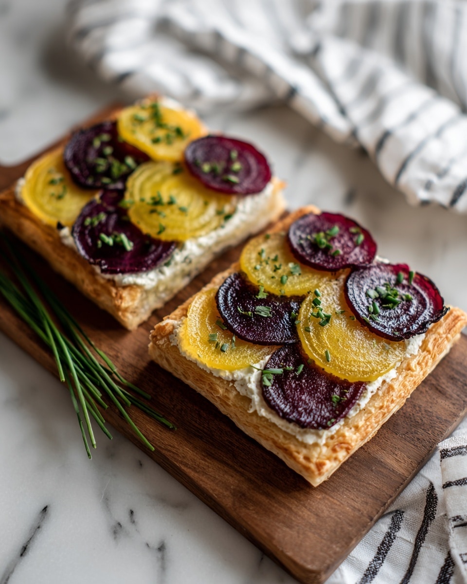 The image shows two rectangular puff pastry tarts placed on a wooden board with a white marbled surface underneath. Each tart has a light brown, flaky puff pastry base, topped with a creamy white spread covering the pastry but not reaching the edges. On top of the spread, there are alternating layers of round beet slices in dark purple and golden yellow, arranged in a slightly overlapping pattern. The tarts are sprinkled with small green chive pieces for garnish. A white and gray striped cloth is partially visible to the right on the wooden board. photo taken with an iphone --ar 4:5 --v 7