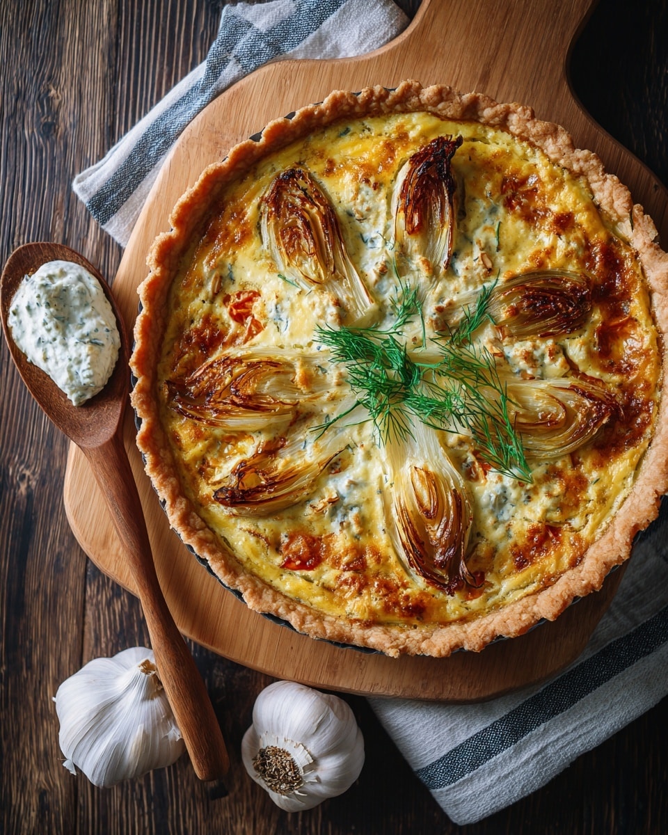 The image shows a single slice of golden brown tart placed on a round white plate with a subtle wood-like texture. The tart has a flaky crust with a slightly raised edge that is light brown and crumbly. The top layer has a mix of creamy cheese and cooked thin slices of what looks like onion or fennel, which are slightly browned and caramelized. The middle layer appears creamy and soft, while the base is a darker, crumbly pastry. To the right of the tart slice lies a silver fork, placed on the plate. The background features a white marbled surface with soft natural light shining from the side, casting gentle shadows around the scene. Photo taken with an iphone --ar 4:5 --v 7