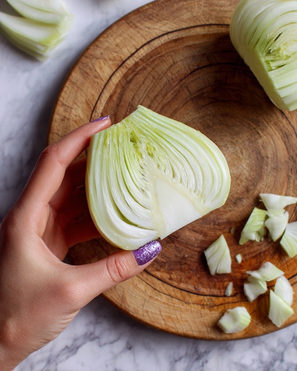 A woman's hand with glittery purple nail polish holds a wedge of pale green fennel with visible layers, showing its curved, ribbed texture. Below the fennel is a round wooden cutting board with circular wood grain patterns, scattered with small pieces and slices of fennel. The background is a white marbled surface photo taken with an iphone --ar 4:5 --v 7
