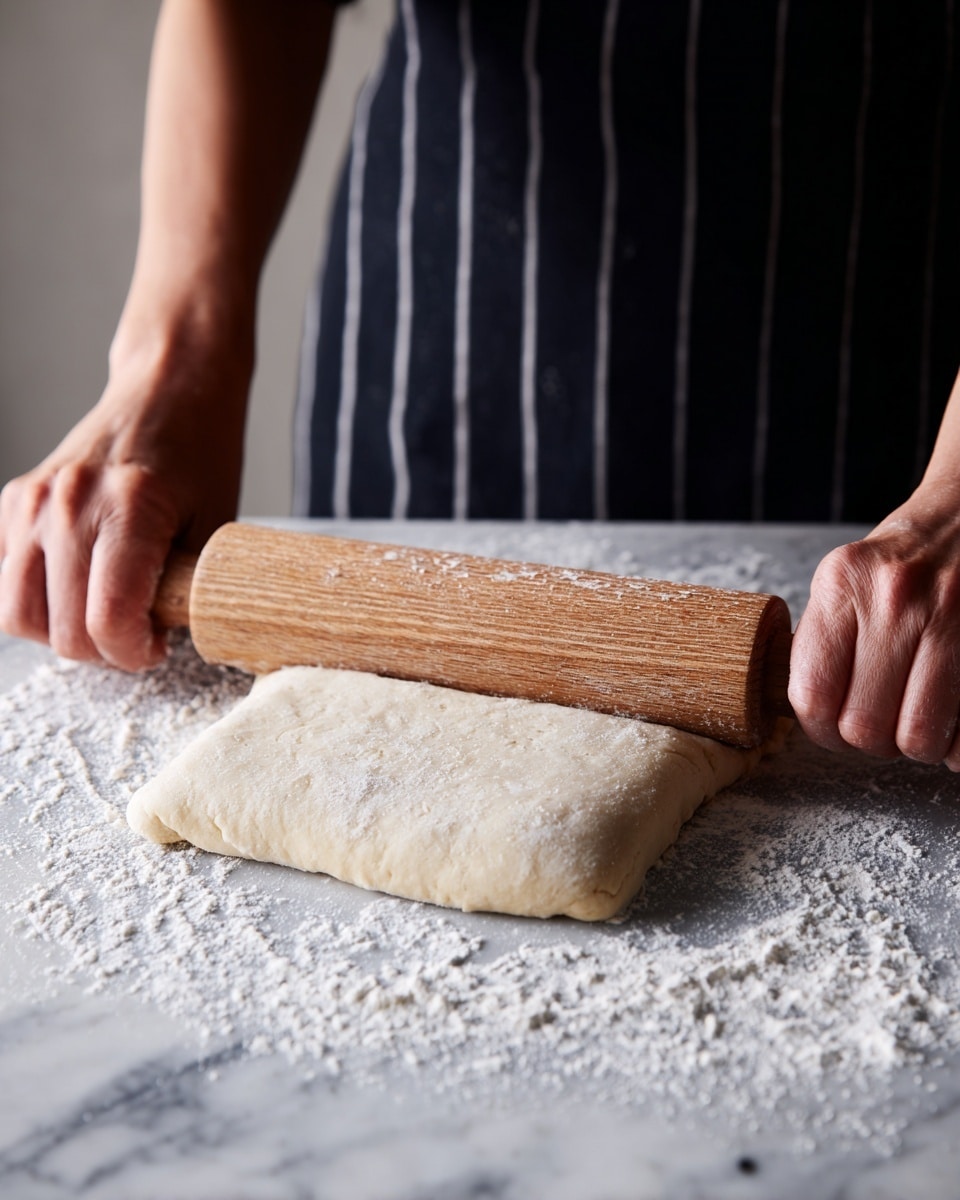 A close-up image of a rectangular piece of pale beige dough being rolled out on a white marbled surface with some scattered flour around it. The dough is smooth and evenly thick. Two woman's hands grip a light wooden rolling pin with visible grain, pressing down on the dough. The person is dressed in a black apron with thin white vertical stripes, standing behind the surface. Photo taken with an iphone --ar 4:5 --v 7