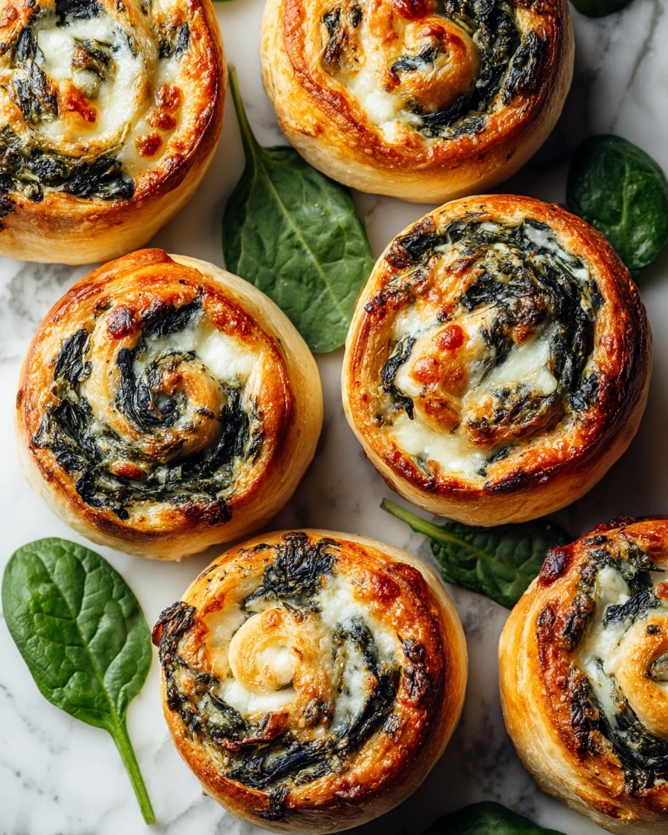 The image shows six golden brown, spiral-shaped rolls arranged closely together on a white marbled surface with some fresh green spinach leaves scattered around them. Each roll has visible layers of soft, light yellow dough wrapped around dark green, wilted spinach and white cheese, with the spinach and cheese filling evenly swirled throughout the rolls. The outer edges of the rolls are slightly crisp and browned, creating a contrast in texture to the softer inside layers. The rolls are piled so that some edges touch, and the fresh spinach leaves add a bright green color pop around the warm-toned rolls. photo taken with an iphone --ar 4:5 --v 7