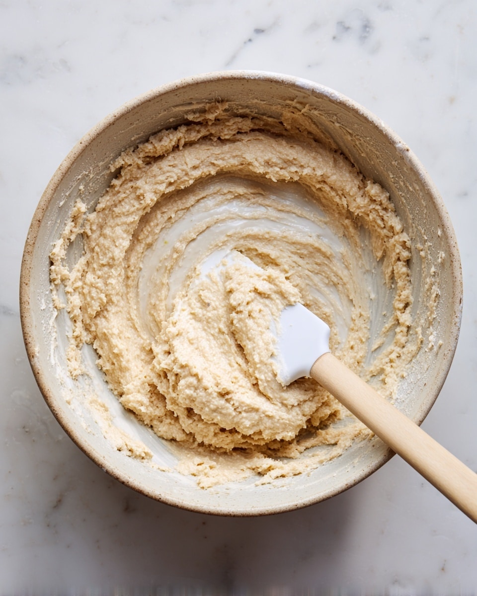 The image shows a close-up view of a mixing bowl filled with a rough, thick batter that is pale beige with light specks. A white spatula is partially submerged in the batter, blending a creamy white layer into the coarser beige mixture beneath. The bowl's inside surface has some batter residue, and the whole scene is set on a white marbled surface. photo taken with an iphone --ar 4:5 --v 7