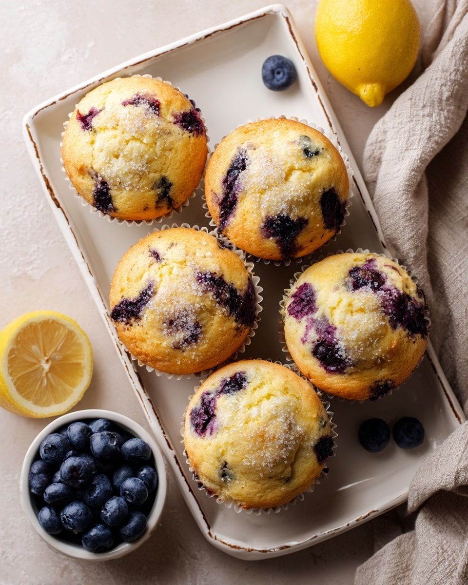 Six golden-yellow blueberry muffins with dark purple blueberry spots are arranged closely on a white rectangular tray with slightly worn edges, sitting on a beige surface with a beige cloth draped on the right side. A white bowl filled with dark blue fresh blueberries is visible at the bottom left corner, and a half yellow lemon is at the top center near another white bowl holding one more blueberry muffin. The muffins have a crumbly texture on top with a sprinkle of sugar crystals, and the scene has soft natural lighting. Photo taken with an iphone --ar 4:5 --v 7