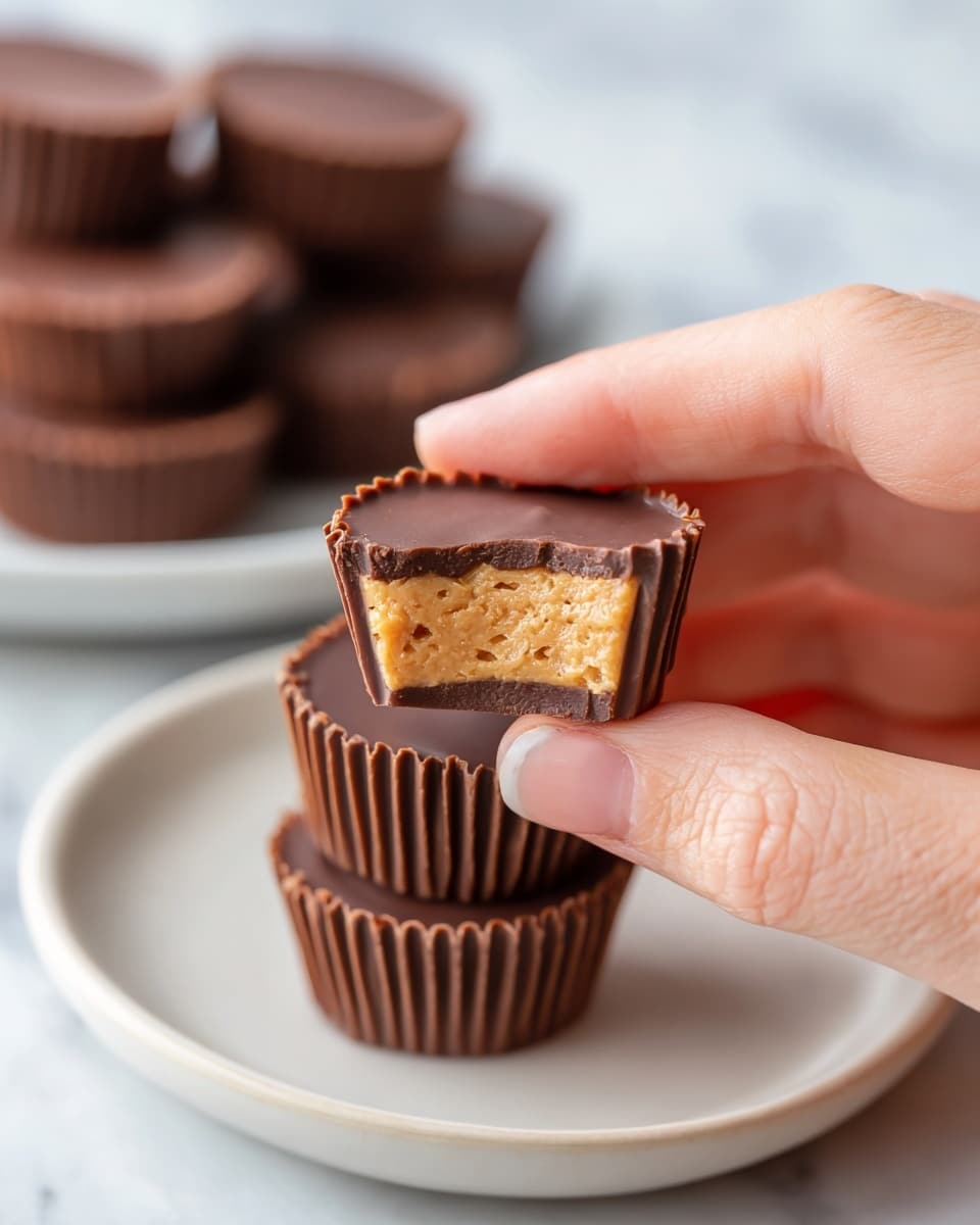 A close-up image of a small chocolate candy held by a woman's hand between thumb and index finger, showing one piece bitten to reveal two layers: a thin, dark brown chocolate outer shell with a smooth texture, and a creamy, light brown peanut butter filling inside that looks soft and slightly textured with small bits. In the background, there is a white plate stacked with several whole chocolate candies with the same two-layer look, all placed on a white marbled surface. photo taken with an iphone --ar 4:5 --v 7