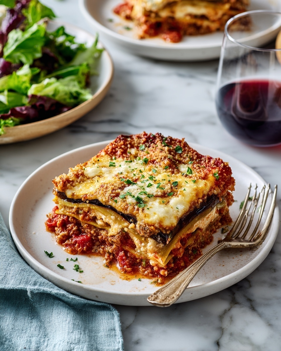 A white plate holds a square piece of lasagna with four visible layers: a bottom crust layer with a light brown, coarse texture; a thick layer of cooked eggplant pieces mixed with chunky red tomato sauce; a layer of melted light yellow cheese with a slightly browned top sprinkled with small green herb bits; and another thin layer of tomato sauce and cheese on top. The lasagna edges are uneven, showing hearty filling inside. A fork lies next to the plate on a white marbled surface with a light blue cloth napkin nearby. In the background, there is a partial second plate with more lasagna and a round white plate with leafy green salad. A glass containing dark red wine is also partially visible. Photo taken with an iphone --ar 4:5 --v 7