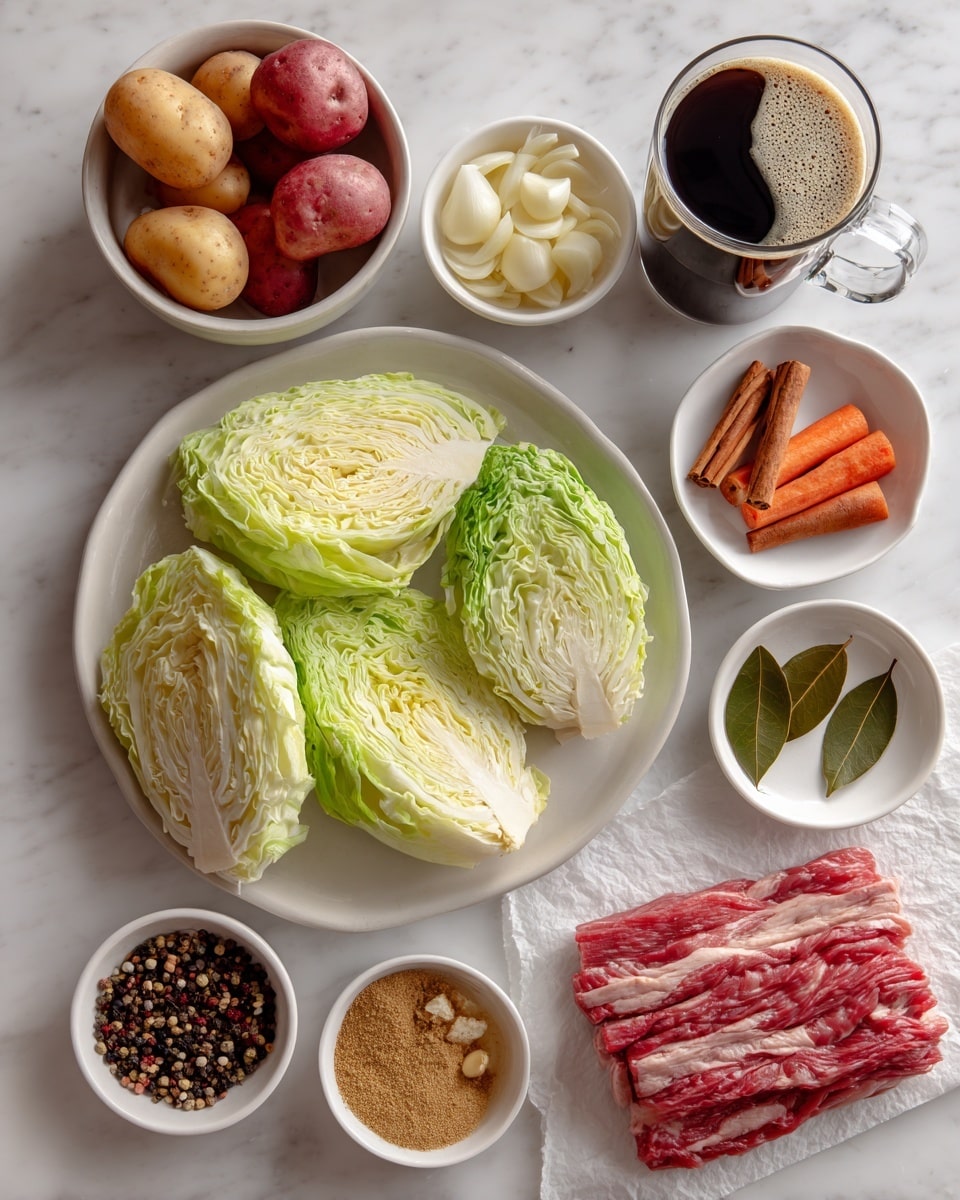 The image shows a top view of several cooking ingredients arranged neatly on a white marbled surface. In the center, there is a white plate with large wedges of light green and pale yellow cabbage layered. To the left, a white bowl holds small red potatoes, halved, with a top bowl containing thick-cut orange carrot pieces. Above the cabbage is a small white dish with thin sliced light beige garlic. Near the top right, a small white plate holds two brown cinnamon sticks and two green bay leaves, next to a large, dark wrinkled dried chili pepper. Below, a white bowl contains tan mustard powder or sauce, and beside it is another white bowl filled with mixed dry seeds and spices. On the far right, a piece of raw pink meat with white marbling rests on white parchment paper. A glass mug filled with dark coffee featuring light cream foam on top is positioned to the upper right. photo taken with an iphone --ar 4:5 --v 7