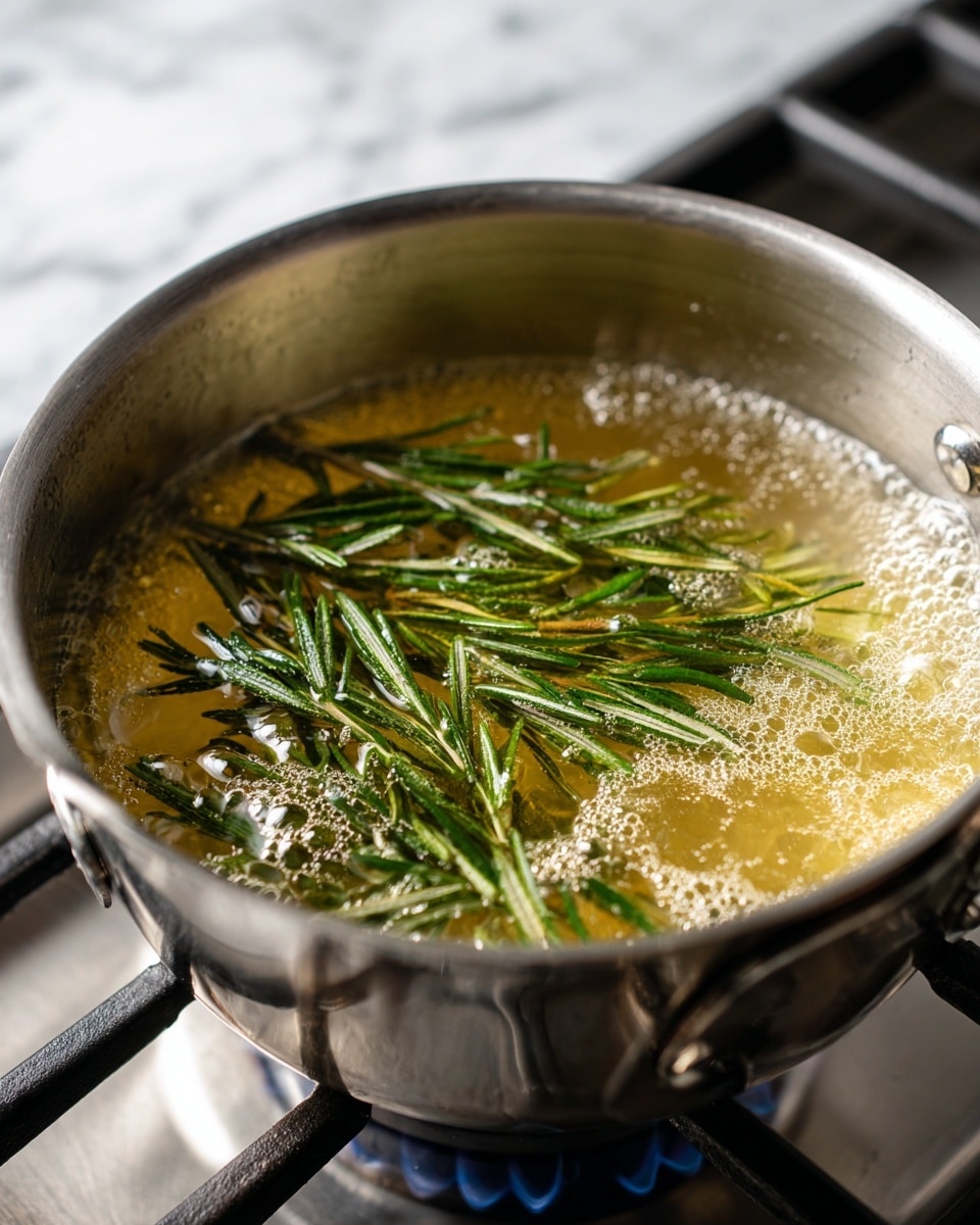 A close-up image of a shiny silver pot on a gas stove with bubbling light golden liquid inside, showing sprigs of green rosemary immersed and slightly swaying in the boiling liquid. The bubbles vary in size and form a foamy texture near the rosemary, adding a lively and fresh motion effect. The stove beneath is visible with metal grates, and the overall setting includes a white marbled surface in the background. photo taken with an iphone --ar 4:5 --v 7