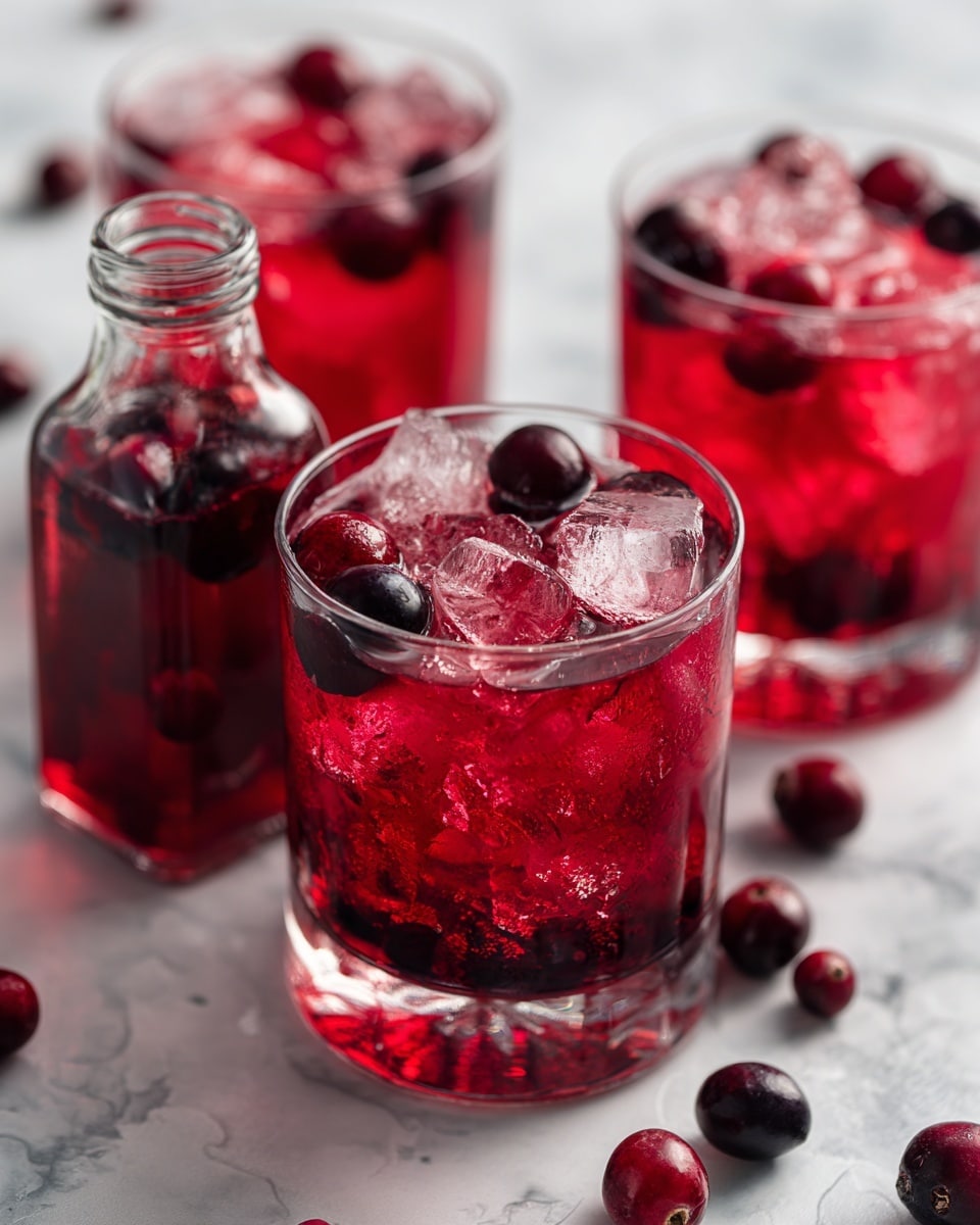 Three clear glasses filled with red drink and ice cubes are placed on a white marbled textured surface. Each glass has several small dark red and black berries floating among the ice. In the center of the arrangement is a small clear glass bottle with red liquid inside and more dark red and black berries scattered around it. The berries vary in size and are spread randomly across the white marbled surface, adding vibrant contrast to the scene. photo taken with an iphone --ar 4:5 --v 7