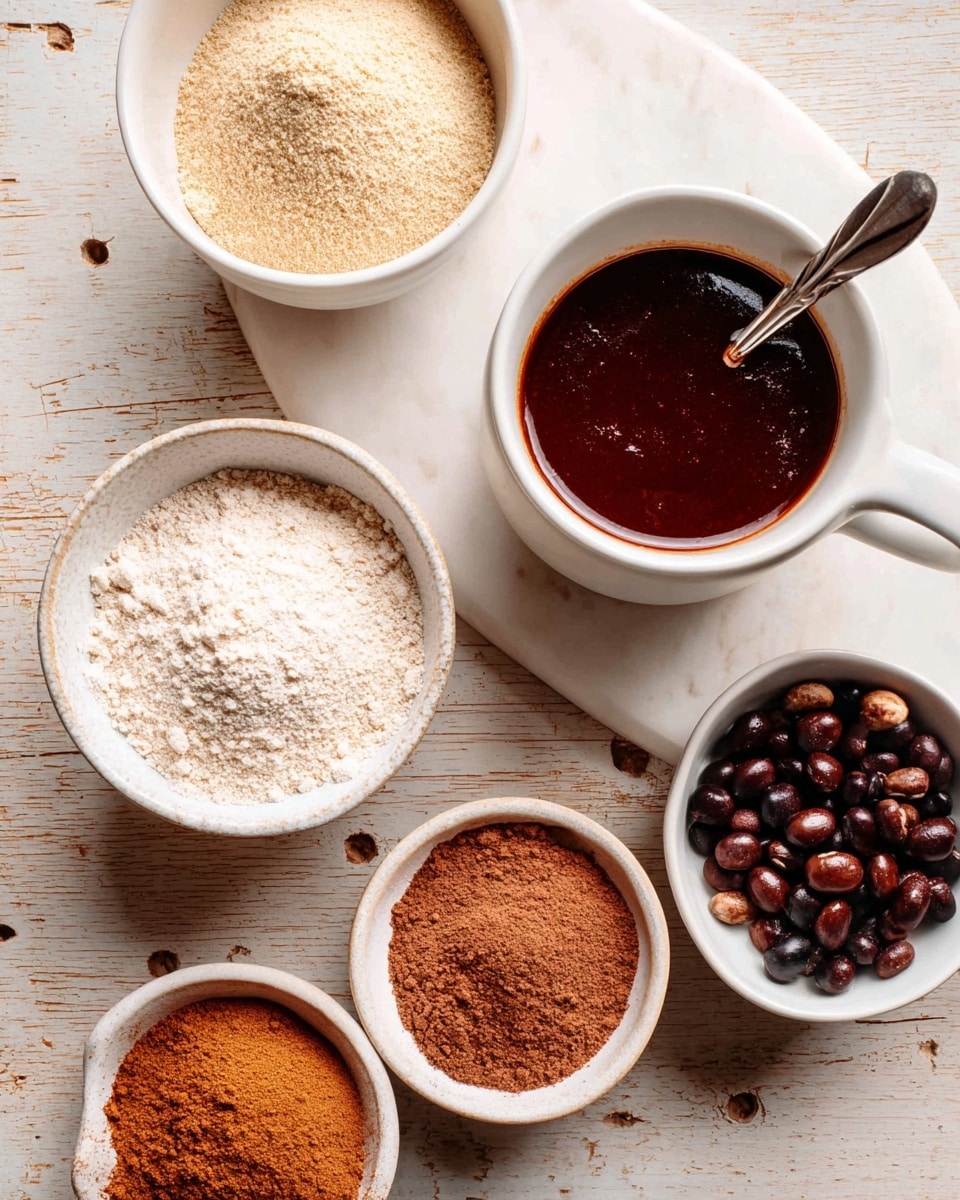 The image shows several small white bowls and a white cup arranged on a white marbled texture. The top left has a bowl filled with light beige powdered spice. To the right, there's a white cup holding deep reddish-brown thick sauce with a spoon inside. Below the cup is a white bowl filled with brown powder. At the bottom left, a smaller white bowl has two powders mixed, one white and one reddish-brown. At the bottom right, a white cup holds small round dark brown beans with a spoon inside. The wooden table surface is natural light brown with some visible grain and knots. photo taken with an iphone --ar 4:5 --v 7