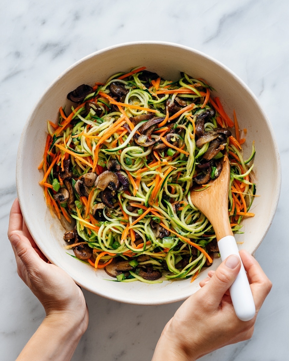 A white bowl filled with a colorful mix of thinly shredded green zucchini, bright orange carrot sticks, and dark brown sliced mushrooms, all mixed with small green pieces of another vegetable, creating a fresh and textured salad. A wooden spoon with a white silicone head is stirring the mixture, held by a woman's two hands, one gripping the bowl and the other holding the spoon. The bowl sits on a white marbled surface, giving a clean and simple look. photo taken with an iphone --ar 4:5 --v 7