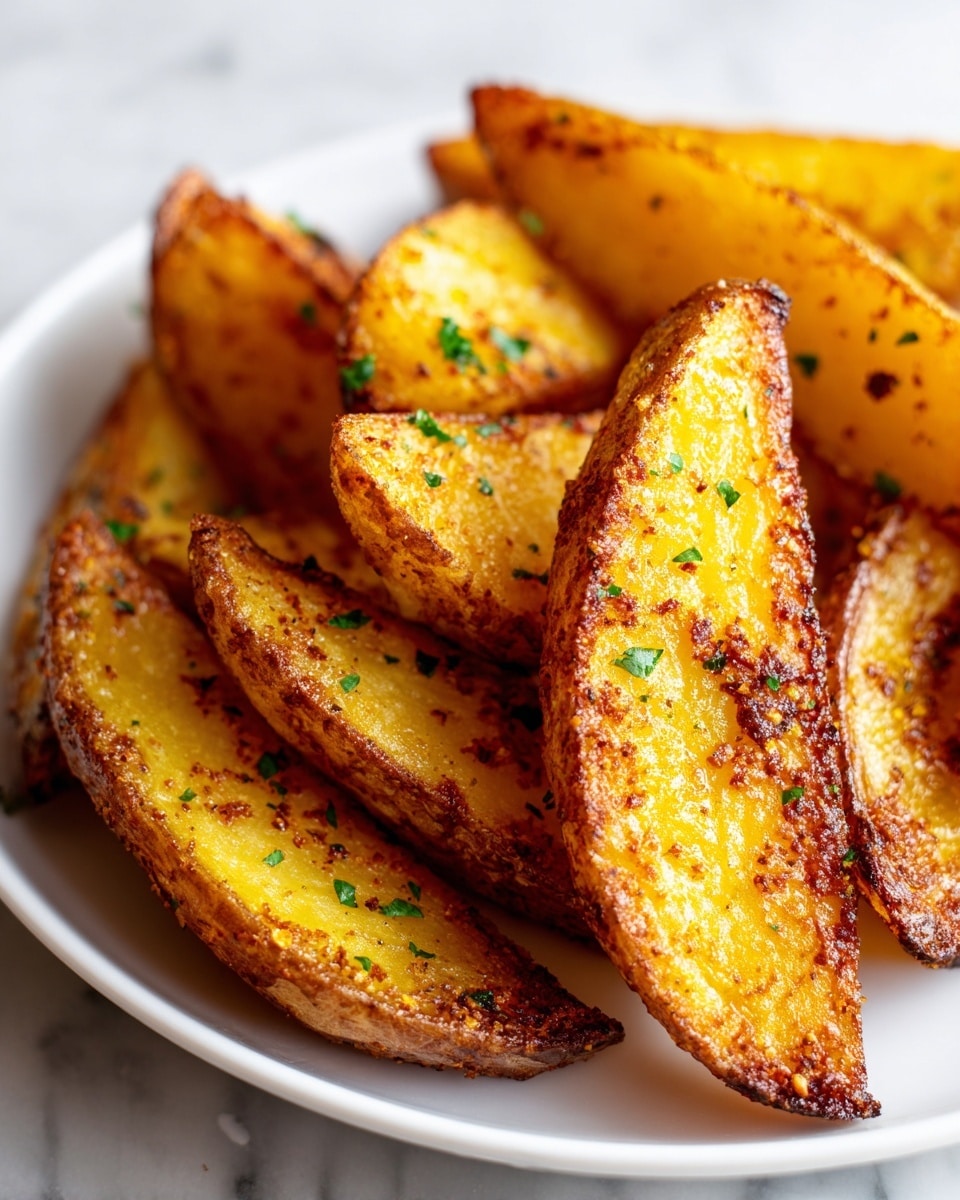 The image shows a close-up view of golden-brown potato wedges spread out on a black baking tray. Each wedge has a crispy skin layer with some rough texture and a soft, pale yellow inside. Small green herb pieces are sprinkled over the wedges, along with white flaky salt that adds a coarse texture. In the top right corner, there is a small round silver container filled with smooth, bright red ketchup sauce. The background is a white marbled texture. photo taken with an iphone --ar 4:5 --v 7
