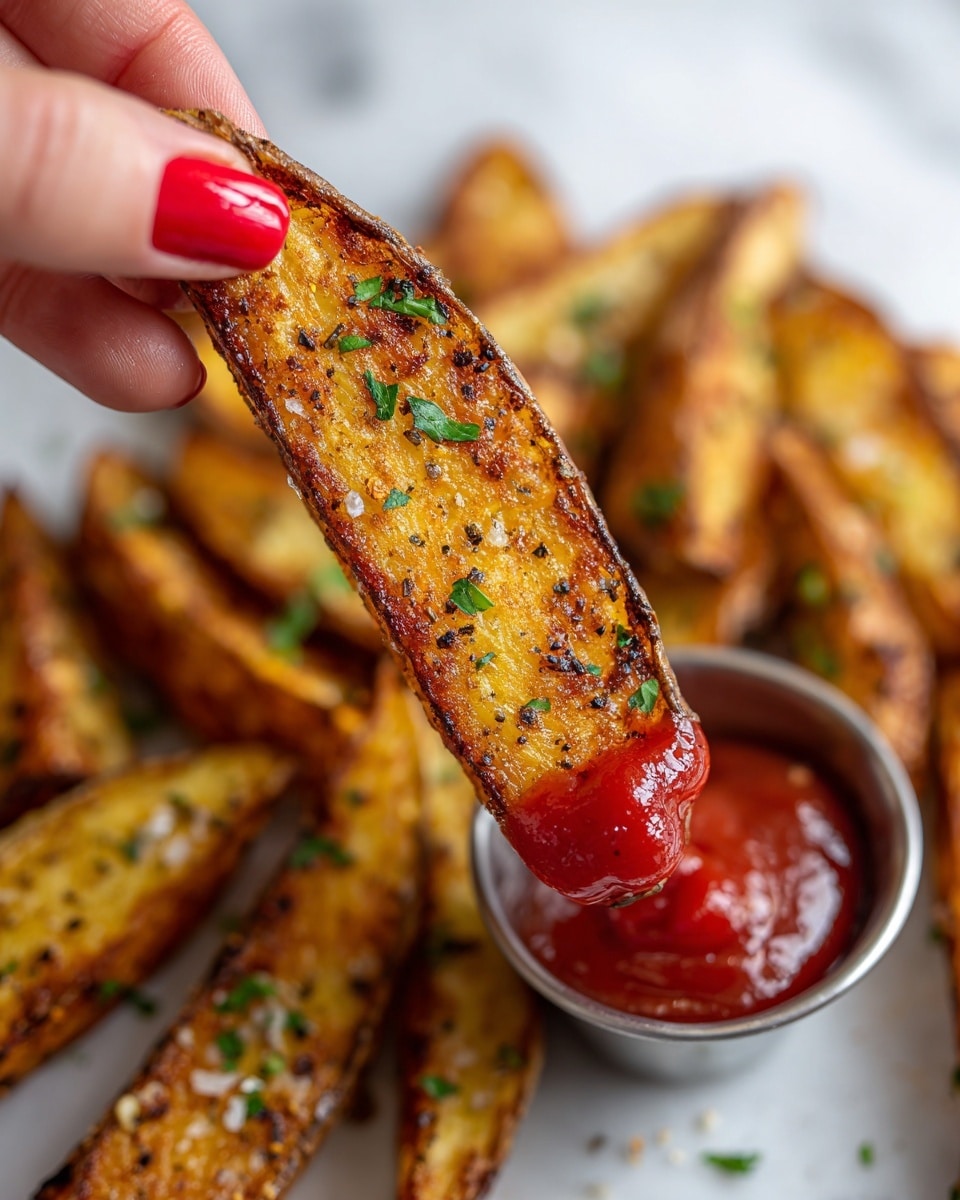 A close-up image of a single golden-brown potato wedge held by a woman's hand with red polished nails. The wedge has a crispy texture with visible bits of black pepper, white sea salt flakes, and small green parsley pieces sprinkled on it. The bottom tip of the wedge is dipped in smooth, bright red ketchup. In the background, there are many more seasoned potato wedges spread on a white marbled surface with a small metallic cup filled with ketchup slightly blurred but clearly visible. Photo taken with an iphone --ar 4:5 --v 7