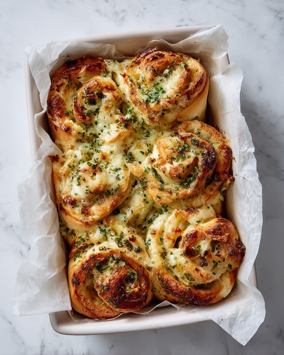 A white rectangular baking dish holds six golden brown rolls arranged close together, each roll has several layers swirling inward, showing light yellow dough with melted cheese and finely chopped green herbs on top and in between layers; the rolls have a slightly shiny texture with a light crisp on the edges and are sprinkled with more fresh green herbs, resting on crumpled white parchment paper inside the dish, all placed on a white marbled surface. photo taken with an iphone --ar 4:5 --v 7