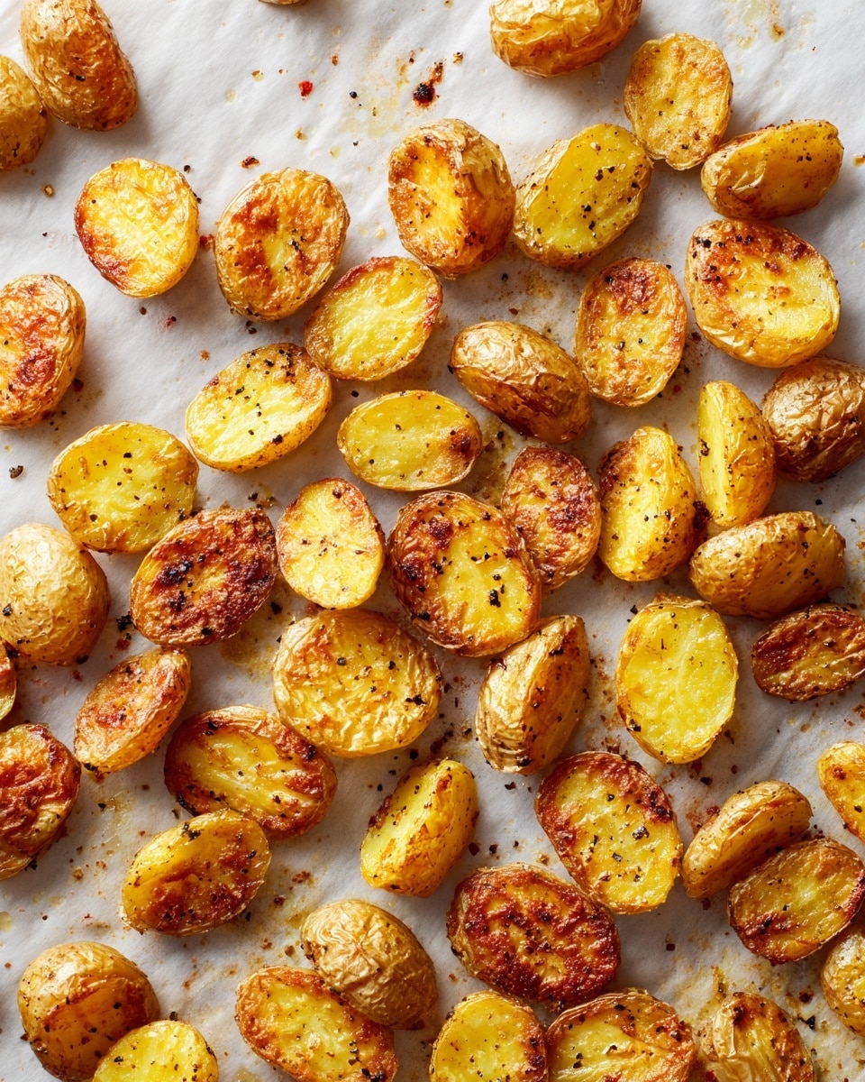 The image shows a single layer of roasted small potatoes spread evenly on a baking sheet lined with parchment paper. The potatoes are cut into halves and quarters, with golden yellow and light brown crispy skin, some areas are darker due to roasting. They have a slightly wrinkled texture with visible pepper seasoning scattered all over. The background is a white marbled surface. photo taken with an iphone --ar 4:5 --v 7