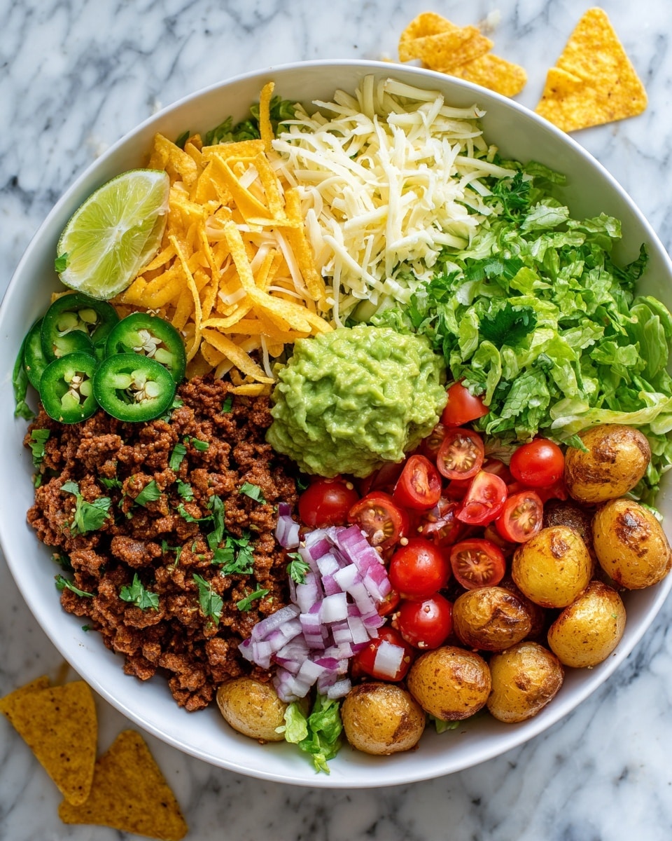 A white bowl filled with several layers starting from the bottom with roasted small golden potatoes. On top of this is a layer of cooked seasoned ground meat, scattered with shredded white cheese. Next, there is a mound of mashed green guacamole on one side, followed by sliced red cherry tomatoes and thinly sliced light pink onions arranged near the center. Bright green shredded lettuce and sliced green jalapeños are positioned on the opposite side. The layers are sprinkled with broken yellow tortilla chips and fresh cilantro leaves. A small lime wedge peeks out from the lettuce. The bowl sits on a white marbled surface with a few loose yellow tortilla chips nearby. Photo taken with an iphone --ar 4:5 --v 7