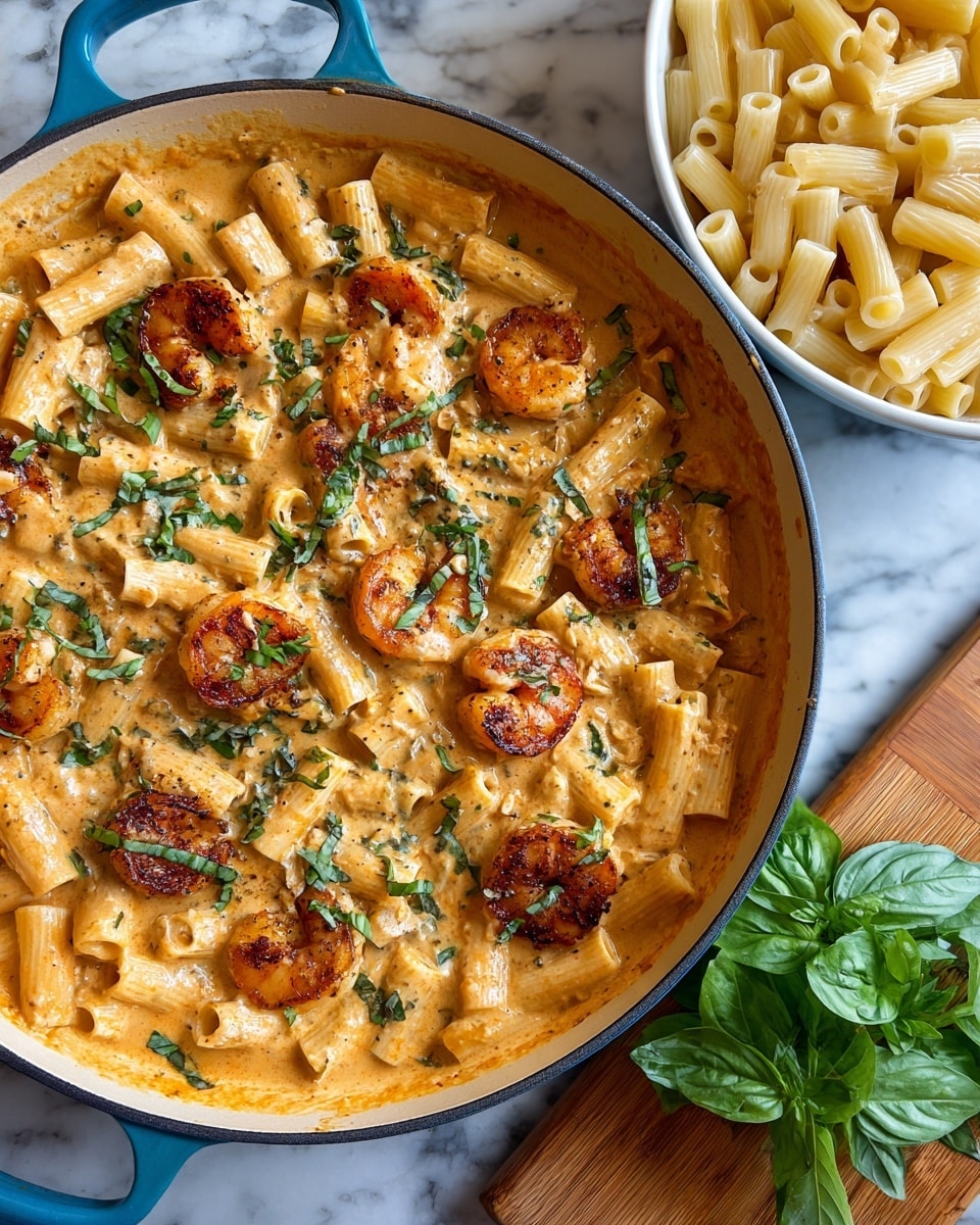 This image shows a close-up of a blue pan filled with creamy pasta. The pasta is tube-shaped and covered in a thick, light orange sauce with small green basil pieces scattered on top. There are several cooked shrimp, some browned and others coated in sauce, mixed evenly throughout the pasta. Next to the pan on the right is a white bowl full of plain cooked pasta. In the bottom right corner, some fresh basil leaves rest on a light brown wooden board. The surface under the pan is a white marbled texture. photo taken with an iphone --ar 4:5 --v 7
